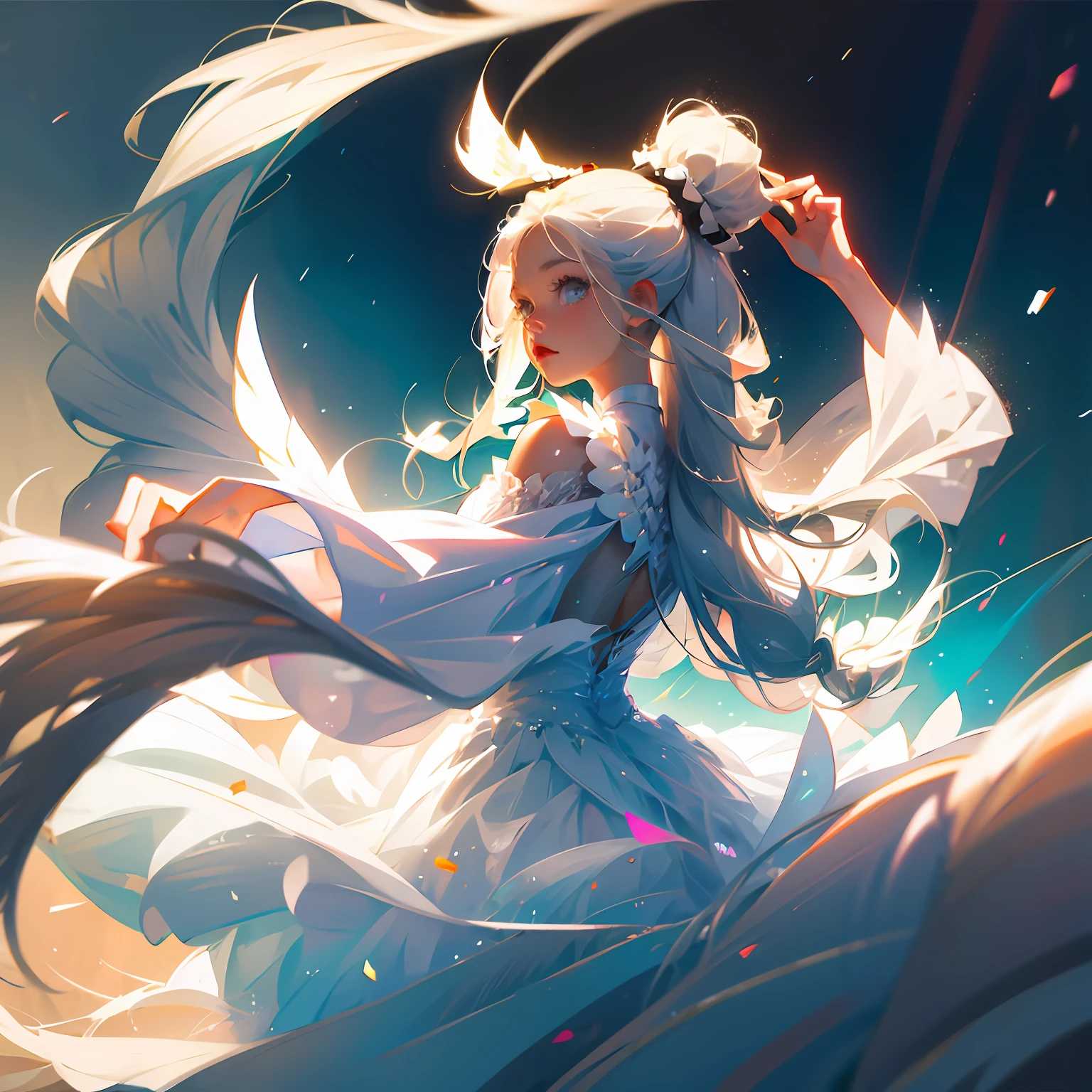 angelicales,teens girl,long whitr hair,white scrunchie,white skirt,White feathered wings,largeeyes,long eyelasher,Realisticstyle,quadratic element