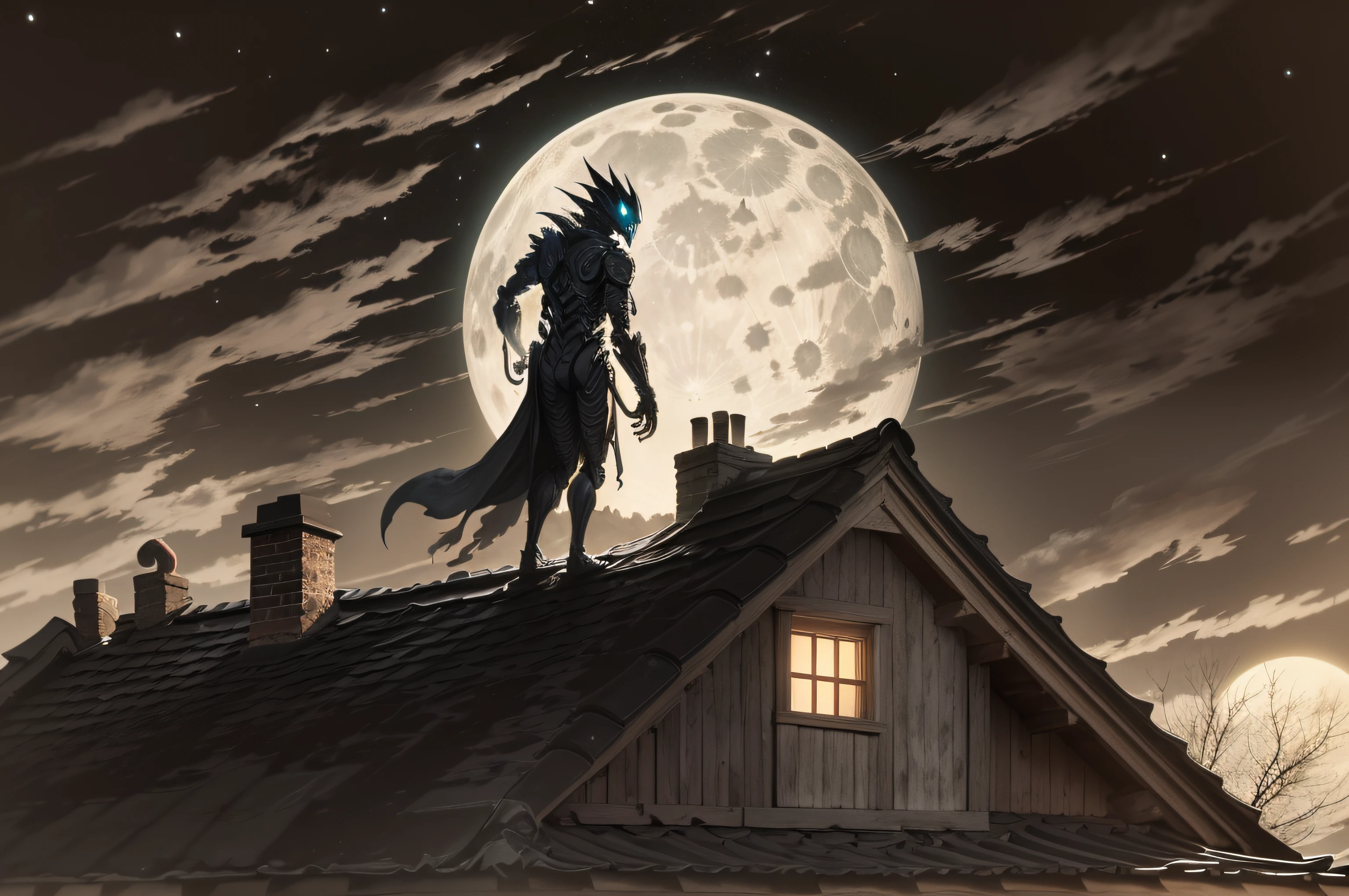 a humanoid creature covered in shadows on top of the roof of a house in the moonlight