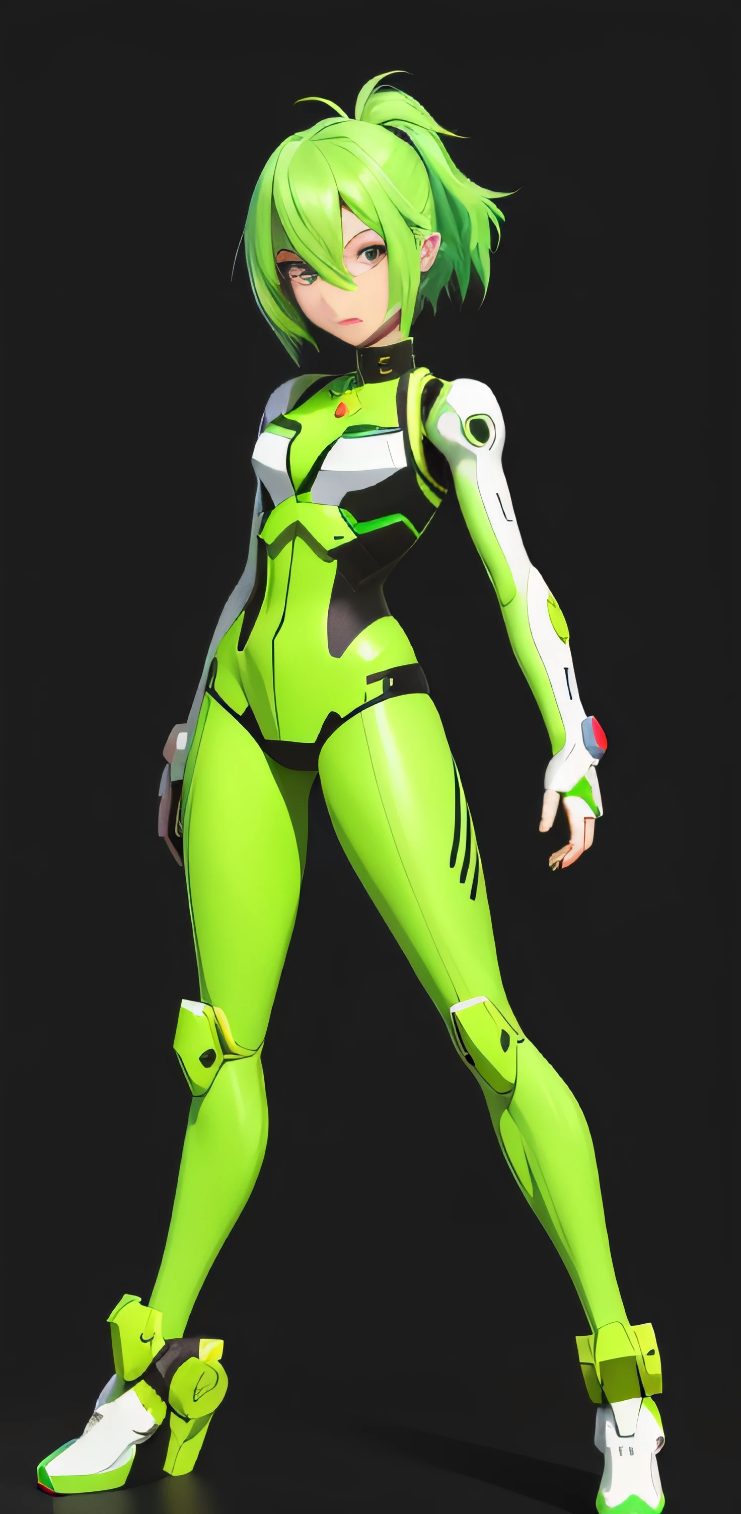 Close-up of a man with green hair and a green wig, Katana Zero video game character, lucio as a woman, female lucio, android heroine,Neon Genesis Evangelion style, Stylized anime, dynamic energic pose, anime robotic mixed with organic, ufotable art style, 3Drenderingof, There is glitter on the hair，The eyes remain as original，The hairstyle also retains its original shape，official character art