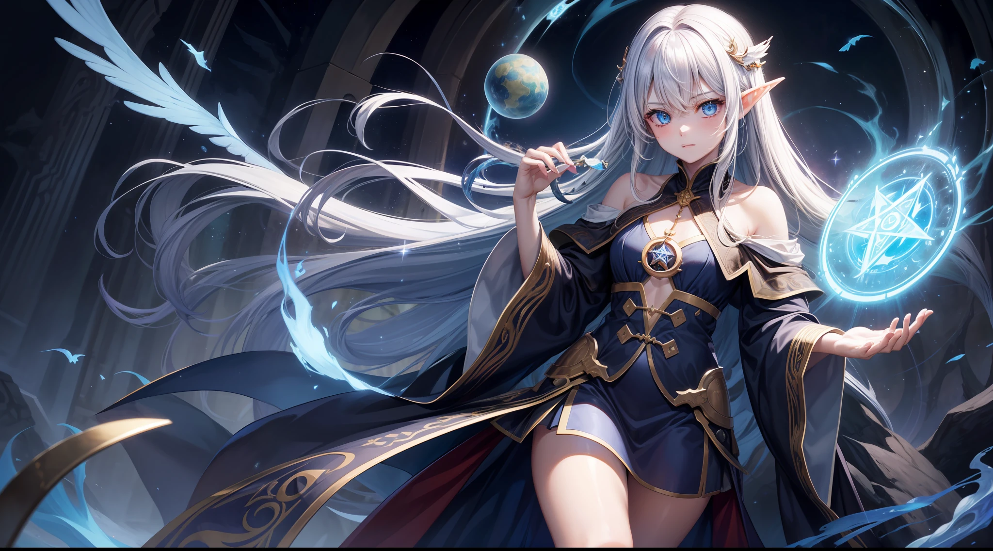 Magic Book,Blood,Night, Dark, (Fantasy),infinite,deep blue sky,The abyss of knowledge,Cowledge,((masutepiece)), (((Best Quality))),((Beautiful fine eyes)),(Eye lashes)、beautiful Girl、The dragon、(女の子1人)、Golden hair、The long-haired、abyss eyes、glowy skin、oils、small tits、(Bird body、pluma)、Wizard robes、tattered cloth、Teenchi、elvish、Super delicate CG Unity 32k wallpaper、masterpiece, ((ultra-detailliert)), ((illustratio)),colourfull,wall-paper,The energy,Unknown terror,Incomprehensible,Around the magic,Magical surroundings,magic wands,Boken,Flying pages,Know everything,Predict the future、Get to know the past、Infinite wisdom、blue flames、Warlock、magic circles、Pentagram、Spells、mantra、Singing magic