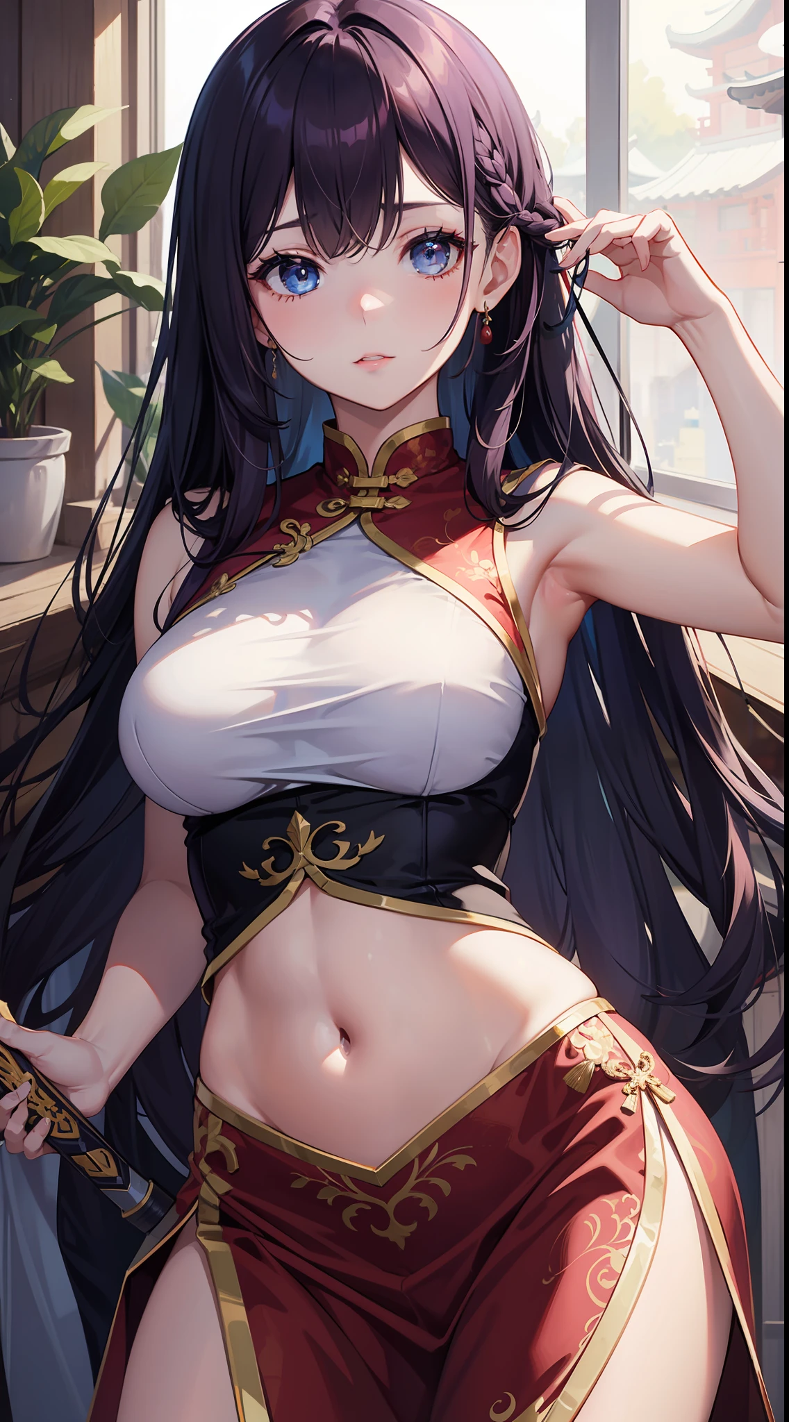 young girl, long purple hair, blue eyes, Chinese dress, Sleeveless, open belly, underbreasts, upskirt, sword, Masterpiece, hiquality