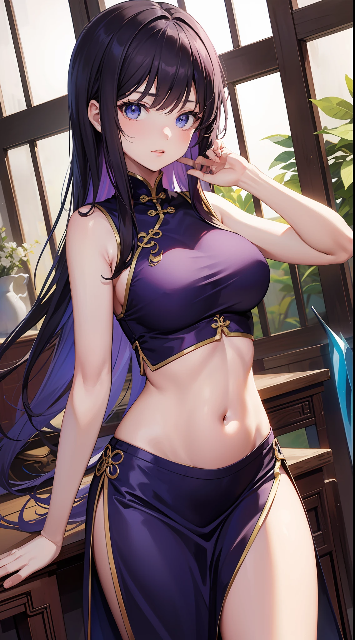 young girl, long purple hair, blue eyes, Chinese dress, Sleeveless, open belly, underbreasts, upskirt, sword, Masterpiece, hiquality