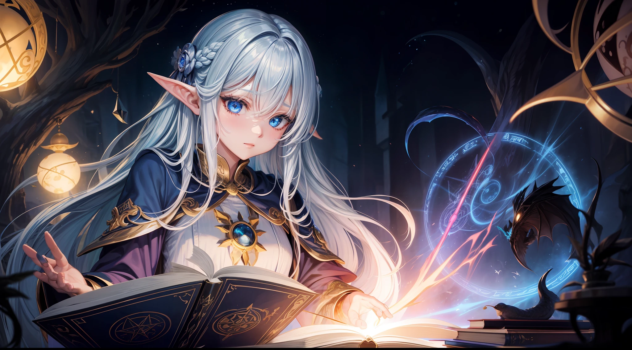 Magic Book,Blood,Night, Dark, (Fantasy),infinite,deep blue sky,The abyss of knowledge,Cowledge,((masutepiece)), (((Best Quality))),((Beautiful fine eyes)),(Eye lashes)、beautiful Girl、The dragon、(1人)、Golden hair、The long-haired、abyss eyes、glowy skin、oils、small tits、(Bird body、pluma)、Wizard robes、tattered cloth、Tee、elvish、Super delicate CG Unity 32k wallpaper、masterpiece, ((ultra-detailliert)), ((illustratio)),colourfull,wall-paper,The energy,Unknown terror,Incomprehensible,Around the magic,Magical surroundings,magic wands,Boken,Flying pages,Know everything,Predict the future、Get to know the past、Infinite wisdom、blue flames、Warlock、magic circles、Pentagram、Spells、mantra、Singing magic