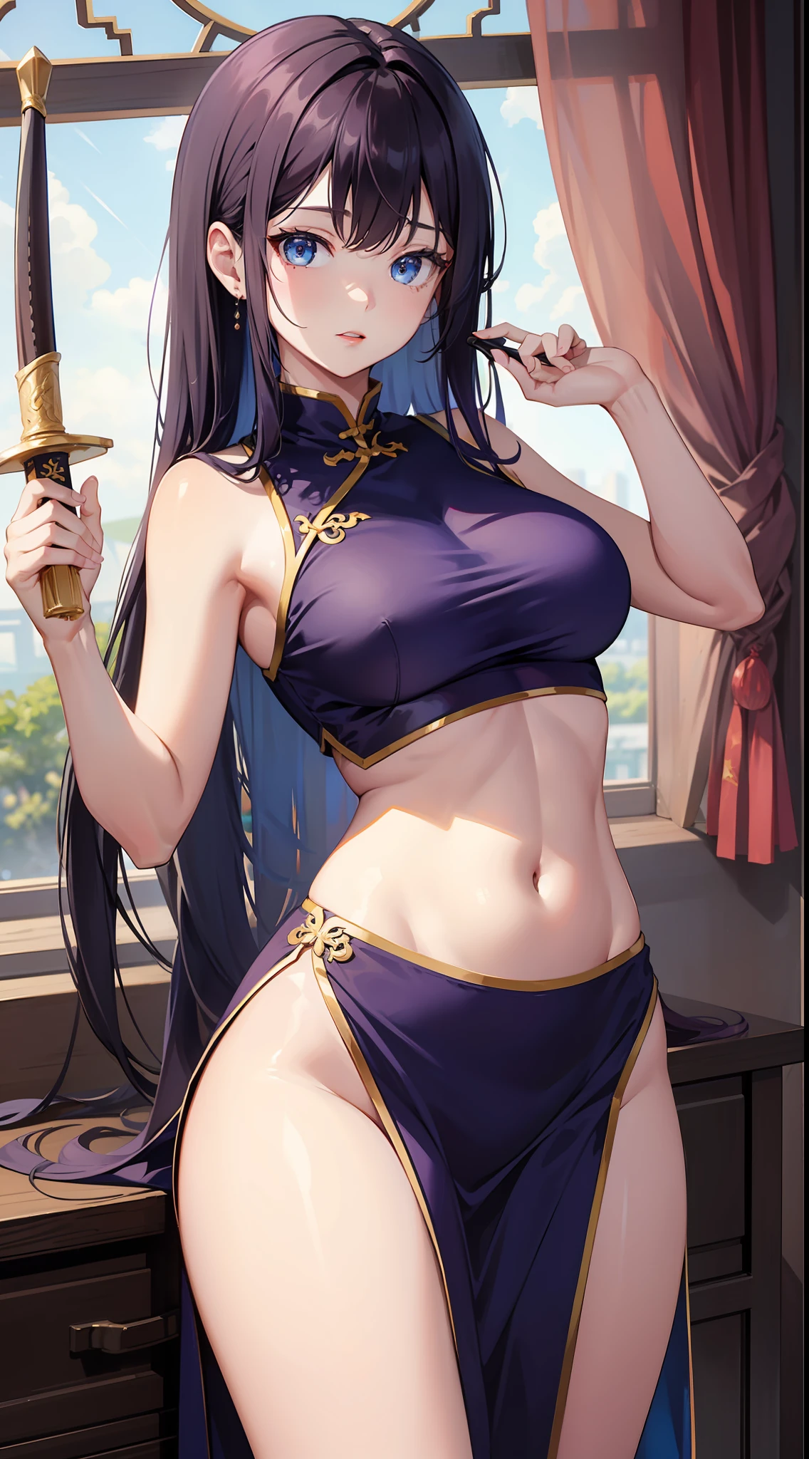 young girl, long purple hair, blue eyes, Chinese dress, Sleeveless, open belly, underbreasts, upskirt, sword, Masterpiece, hiquality