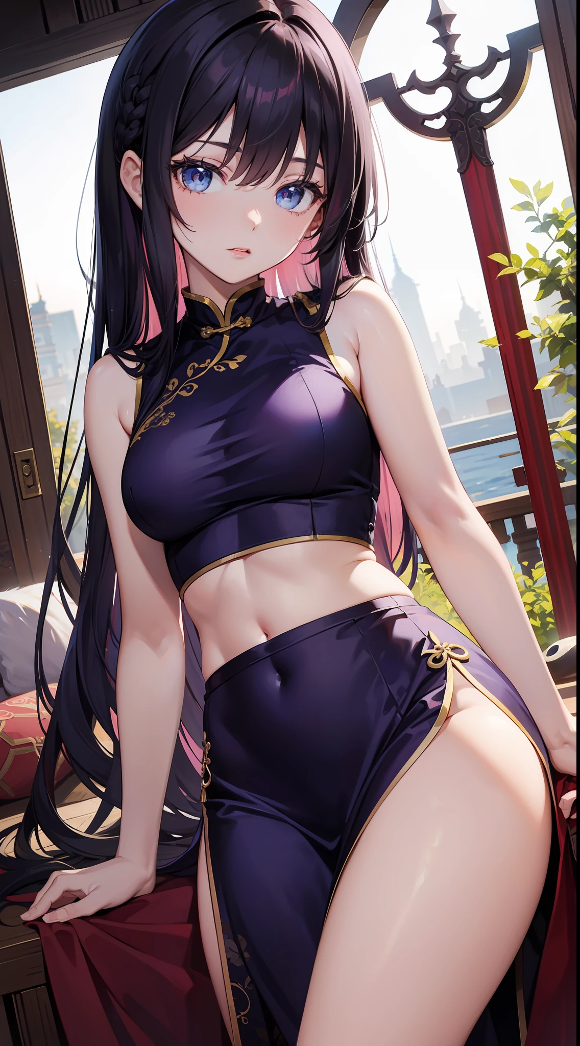 young girl, long purple hair, blue eyes, Chinese dress, Sleeveless, open belly, underbreasts, upskirt, sword, Masterpiece, hiquality