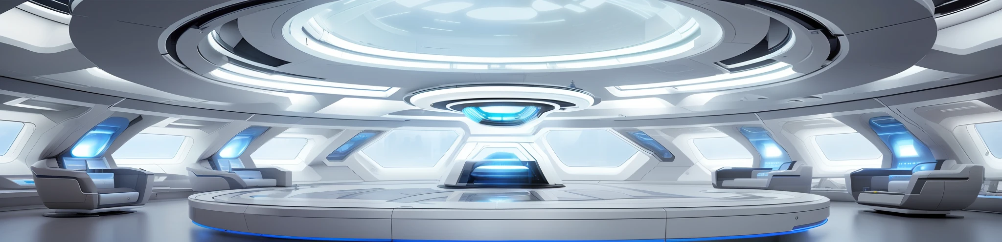 There is a futuristic room with a large circular ceiling, Futuristic Institute of Medicine, The operating room of the future,Large medical devices are placed all around,in a futuristic spaceship,
