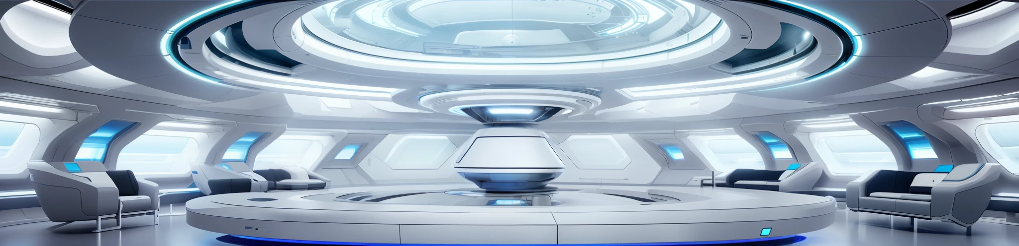 There is a futuristic room with a large circular ceiling, Futuristic Institute of Medicine, The operating room of the future,Large medical devices are placed all around,in a futuristic spaceship,