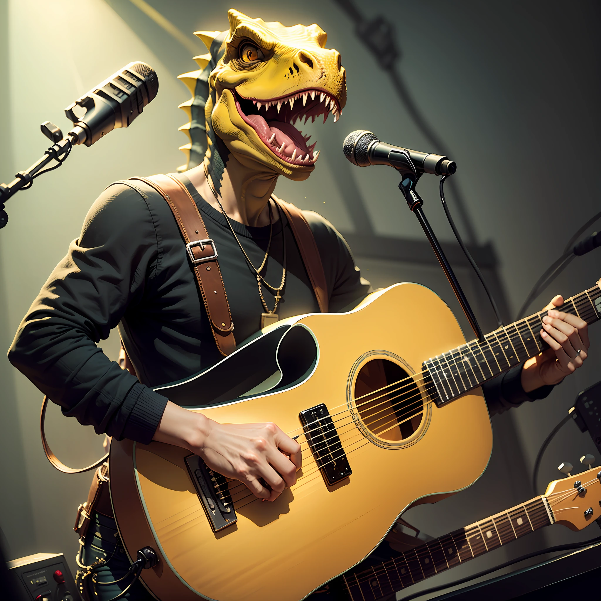 Dinosaur face suits yellows and blacks realisitic guitar