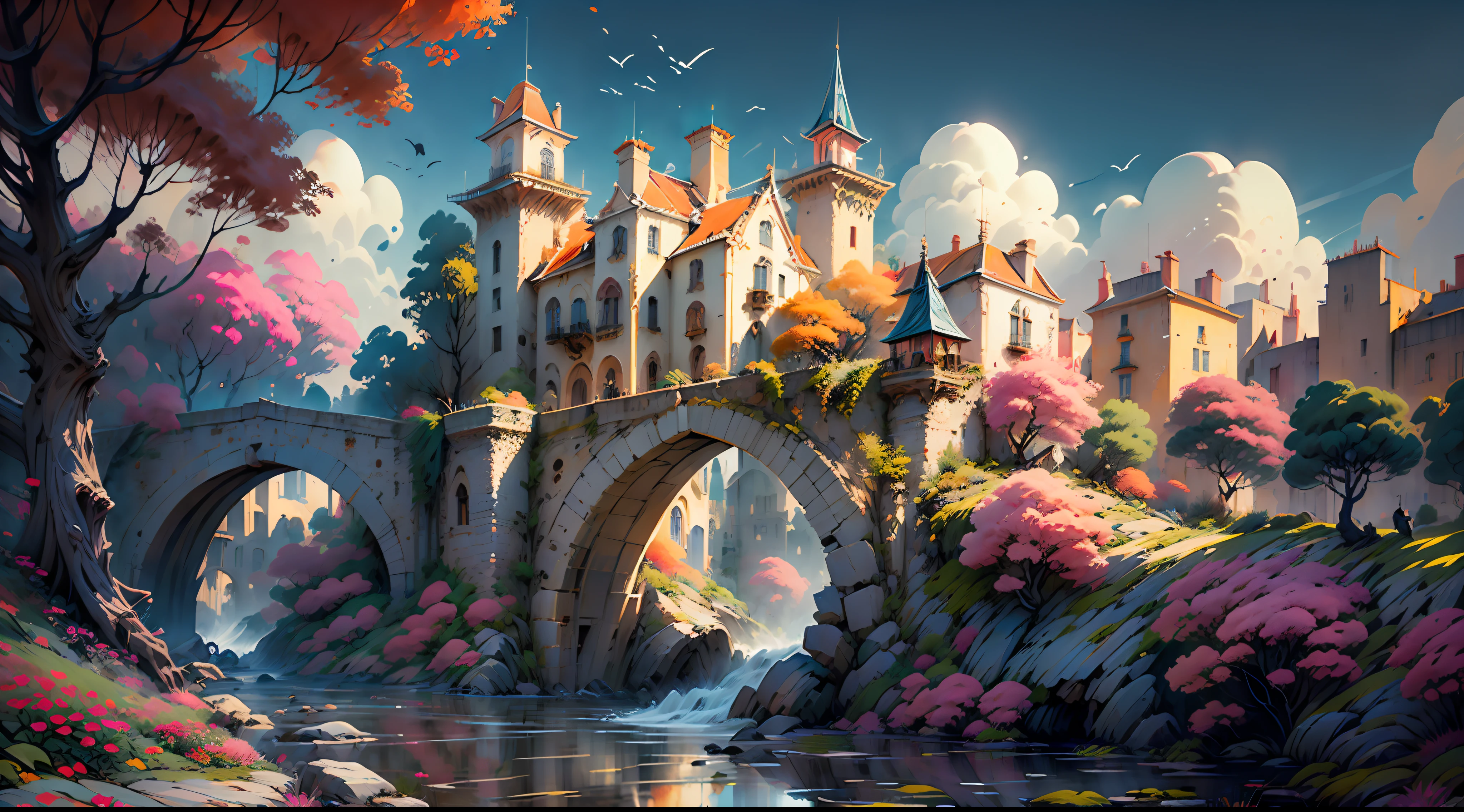 (magical place: 1.2, vibrant colors: 1.1, bridge, city on the horizon, 8k) medieval castle, sky with ralampagos in autumn