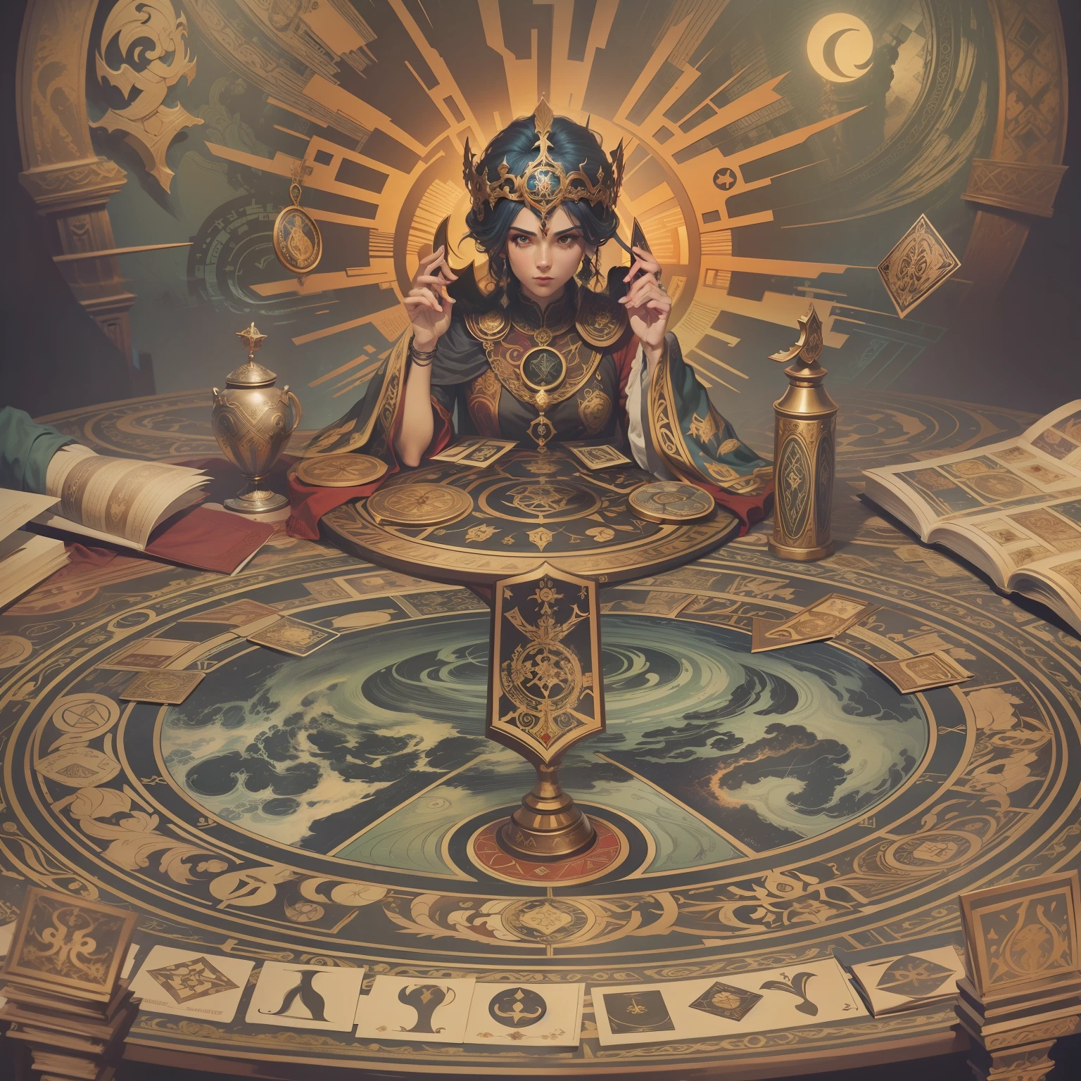 Tarot table, 8k resolution, concept art by cultural renaissance era, esoteric symbols, awesome full color, hand drawn, high definition, cinematic, bold lines, on paper