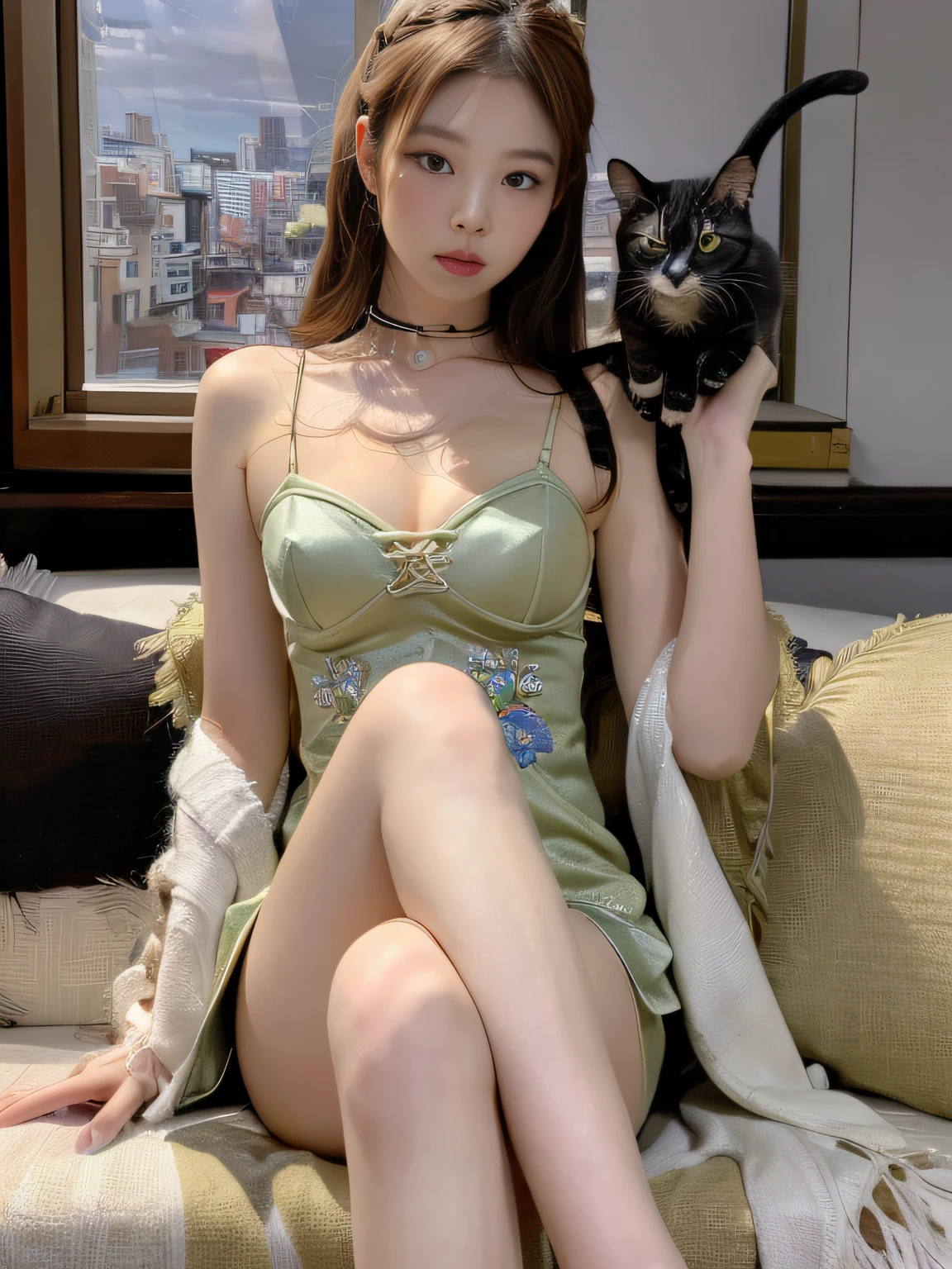 ((Night view, realistic light, best quality, 8k, masterpiece: 1.3)), 1girl, slender beautiful woman, holding a long-haired cat with white hair all the time in both hands, cute Garfield, brown hair, wearing green cheongsam, embroidered, sleeveless, sexy, cleavage, split end, long legs, sitting on the sofa, super detailed face, detailed eyes, double eyelids