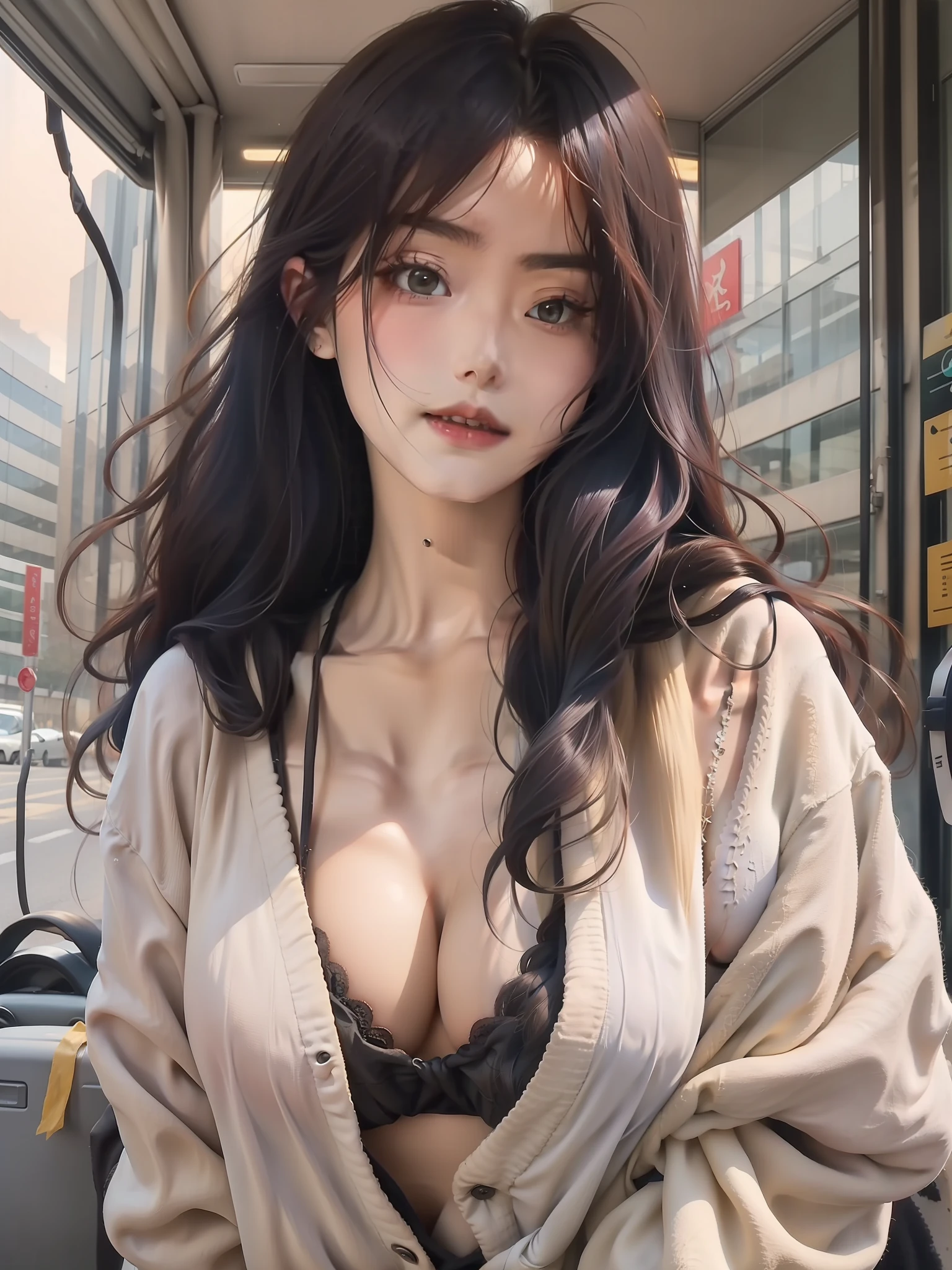 nedium breasts,cleavage,blacksilk,Lace,Yoke hair、long whitr hair、Messy hair、damp hair、anime big breast,style of anime,16k,A high resolution