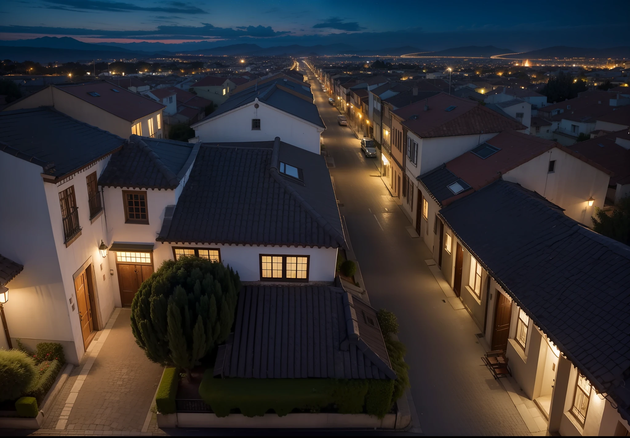 Couple of lovers in the square, noite escura, cidade pequena, casas, postes de madeira, lampadas nos postes, Aerial view, 8k, maximum detailed, alta qualidade
