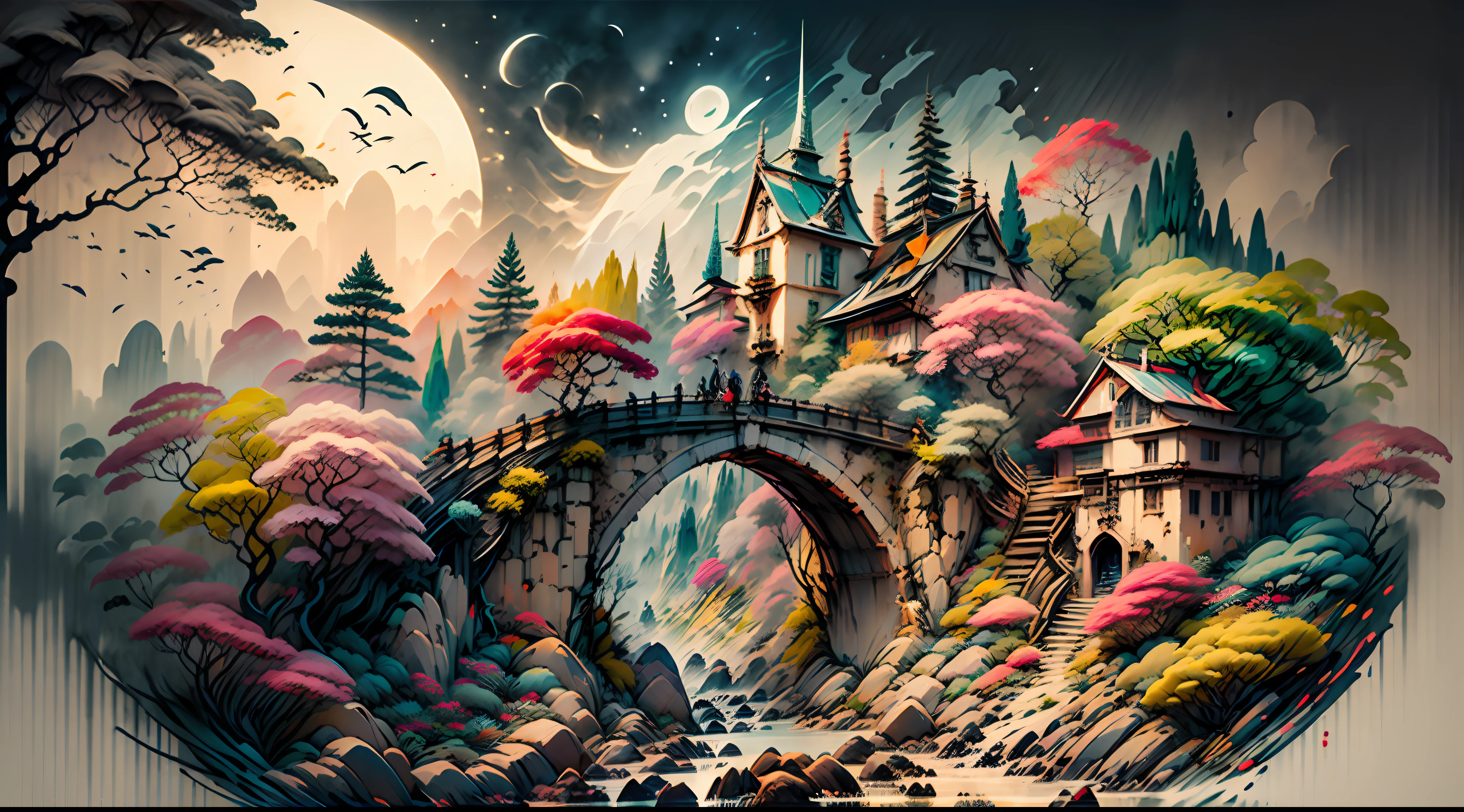(magical place: 1.2, vibrant colors: 1.1, bridge, city on the horizon, 8k) medieval castle, sky with ralampagos in autumn
