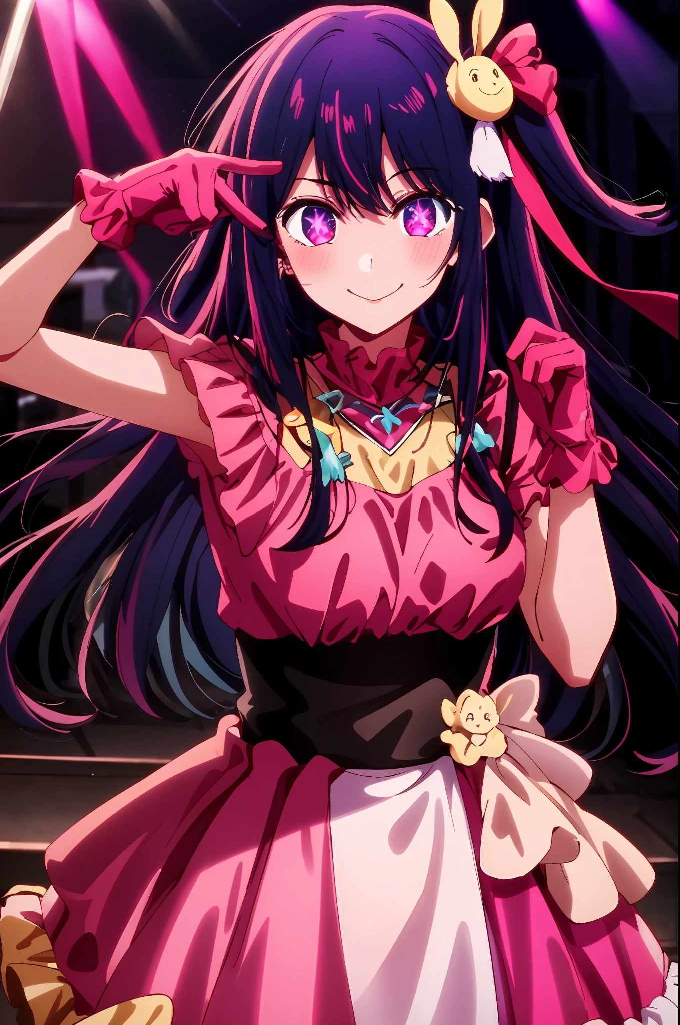 masterpiece、ighly detailed、(1 girl in:1.2)、purple color hair、pink dress、big eye、a closeup、a smile、8K 、Ai Hoshino、Live performance venue