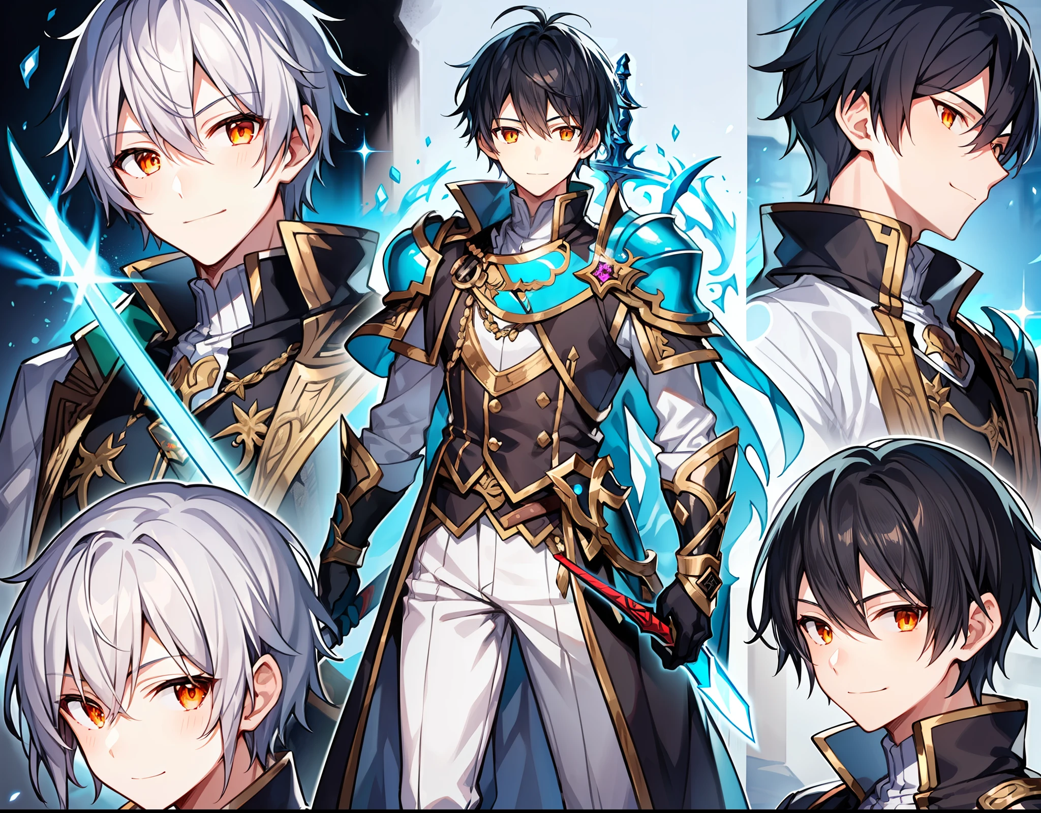 1 boy, young man, orange eyes, short hair, black hair, white skin, soft smile, sincere smile, kind look. Black suit. Accesories, 1 sword, shining sword, silver sword, 1 shield, blue shield, shining shield rpg sprite, rpg sprite mid body, rpg expression sheet