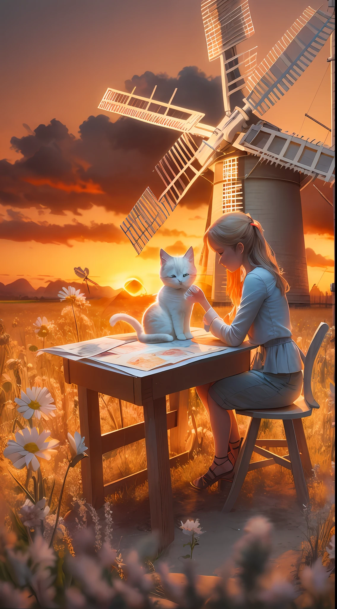 illustration: 1.3), paper art, 3D rendering of, Beautiful beauty sitting in chair with eyes closed, a kitten on the table, field, sunset, windmill, Best quality, Detailed details, Masterpiece, offcial art, movie light effect, 4K, Chiaroscuro , Flash