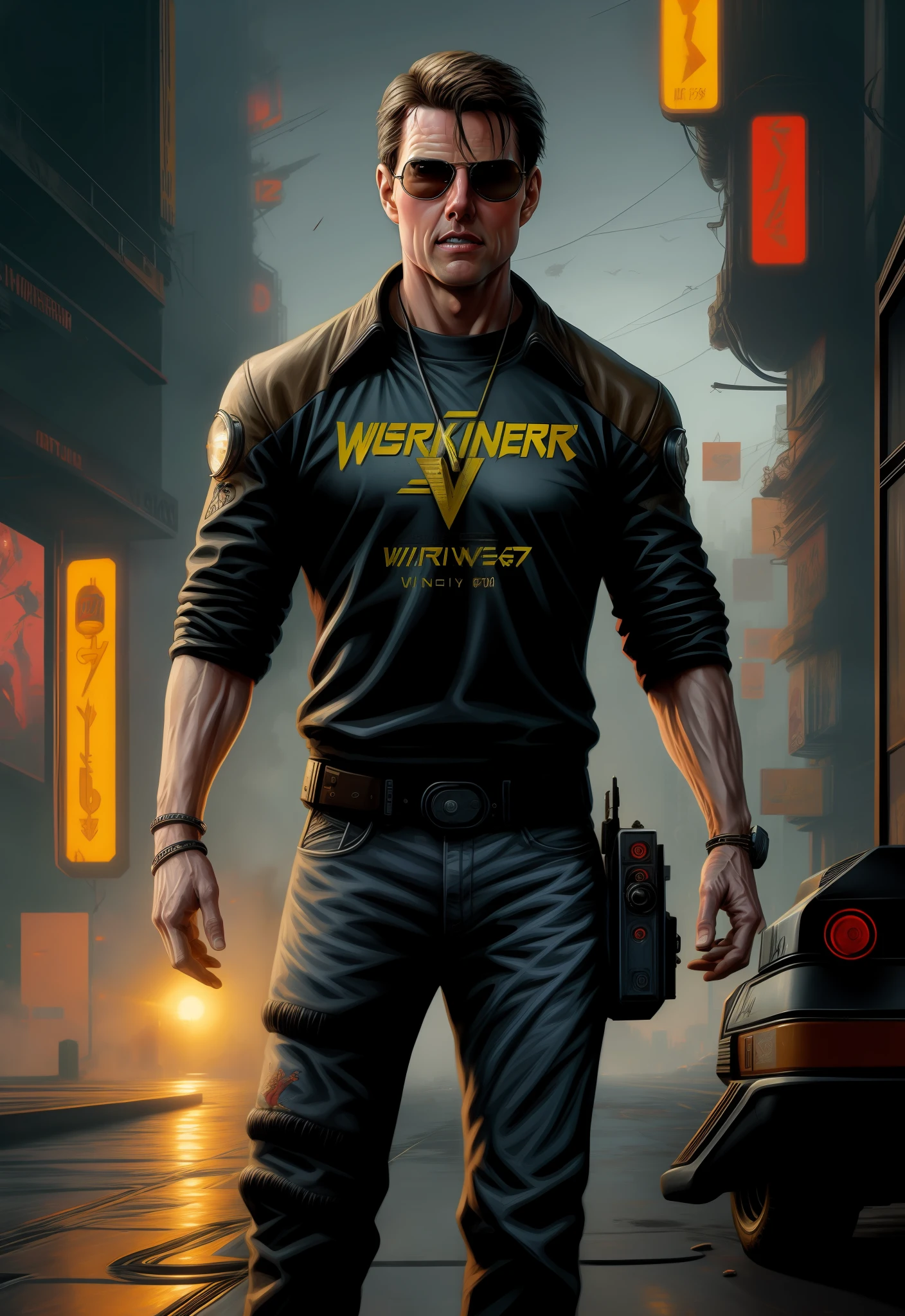 uma pintura de Tom Cruise, fundo, estilo cyberpunk 2077.