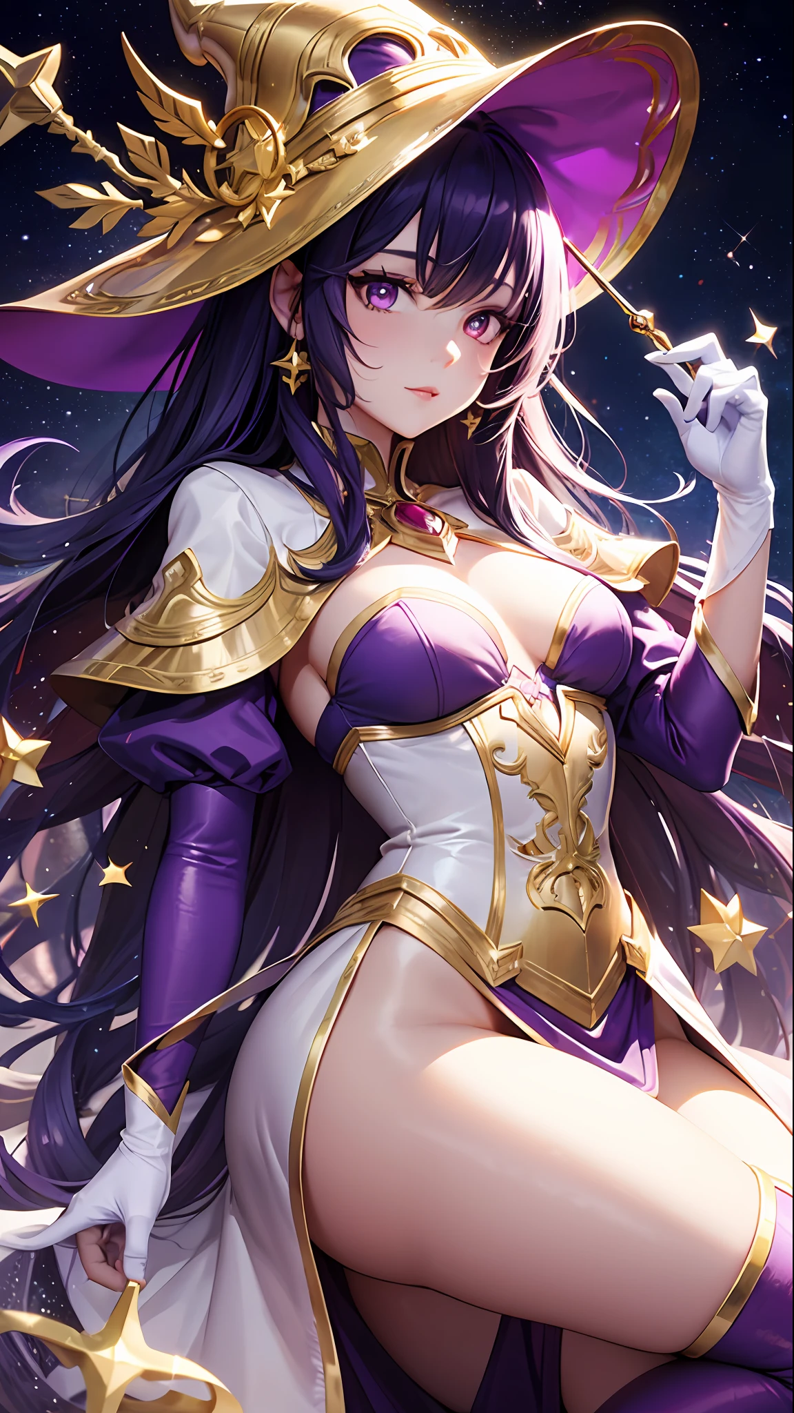 1girll, sorceress woman，red pupils，Gorgeous Hair in Long Purple，flowy，crisp breasts，Toned Thighs，Red tattoo on the thigh，Purple wizard hat，Golden decoration，Purple bandeau dress，Golden decoration，White long-sleeved gloves，White lace knee-length boots，Surrounded by purple tulle，He held a ruby encrusted wand in his hand，starrysky，kosmos，magicle world，Detailed background，Clothing details，perfectly proportioned, Cinematic lighting, filmgrain, Fuji colors, lightand shade contrast, 8K, 巨作, Textured skin, Super detail, high detal, high qulity, A high resolution,