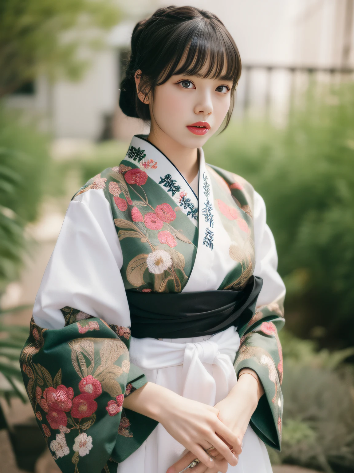 Jennie face shape, a woman in white hanfu, embroidered, complex hakama, hakama kimono, Japanese clothing, 1 9 2 0 s, 1920s, 1 9 2 0 cloth style, wearing hakama, 1 9 1 0 s, 1910s, inspired by Akira Yamamoto