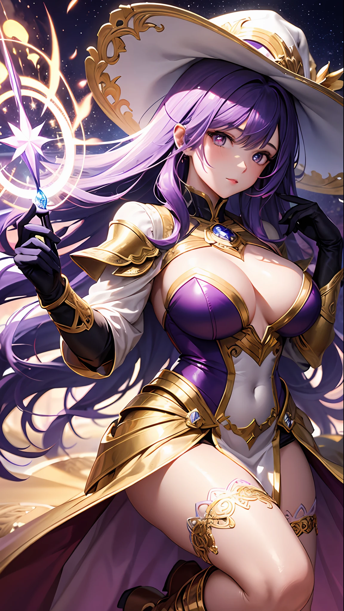 1girll, sorceress woman,red pupils,Gorgeous Hair in Long Purple,flowy,crisp breasts,Toned Thighs,Red tattoo on the thigh,Purple wizard hat,Golden decoration,Purple bandeau dress,Golden decoration,White long-sleeved gloves,White lace knee-length boots,Surrounded by purple tulle,He held a ruby encrusted wand in his hand,starrysky,kosmos,magicle world,Detailed background,Clothing details,perfectly proportioned, Cinematic lighting, filmgrain, Fuji colors, lightand shade contrast, 8K, 巨作, Textured skin, Super detail, high detal, high qulity, A high resolution,