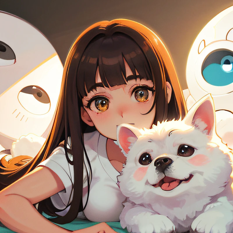 A white Bichon dog and a woman with brown hair, Very nice and cute white puppy,She has a cute face, with cute doting eyes, There is a white dog next to her, largeeyes, Beautiful and young,with a big head,Big eyes,White curly bichon