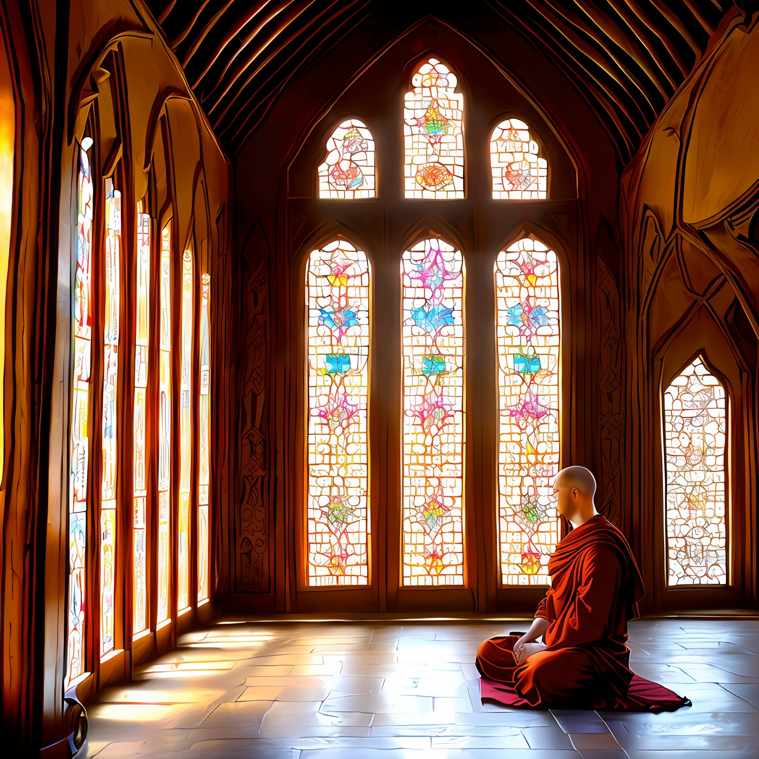 Within the walls of a centuries-old monastery, a young monk finds peace in his daily practice of meditation. Sunlight filters through ancient stained glass windows, casting colorful patterns on the polished stone floor. The air is filled with the soft scent of burning incense and the echoes of distant prayers. Intricate carvings adorn the wooden pillars, depicting scenes from religious scriptures. As the monk sits on a plush velvet cushion, his eyes closed in deep concentration, a feeling of tranquility envelops the room. The composition frames the monk in the foreground, with the richly decorated interior of the monastery stretching out behind him. The atmosphere is one of reverence and spiritual devotion. A realistic painting style, reminiscent of Renaissance art, would capture the intricate details and vibrant colors of the monastery. --ar 9:16 --v 5.2 --auto