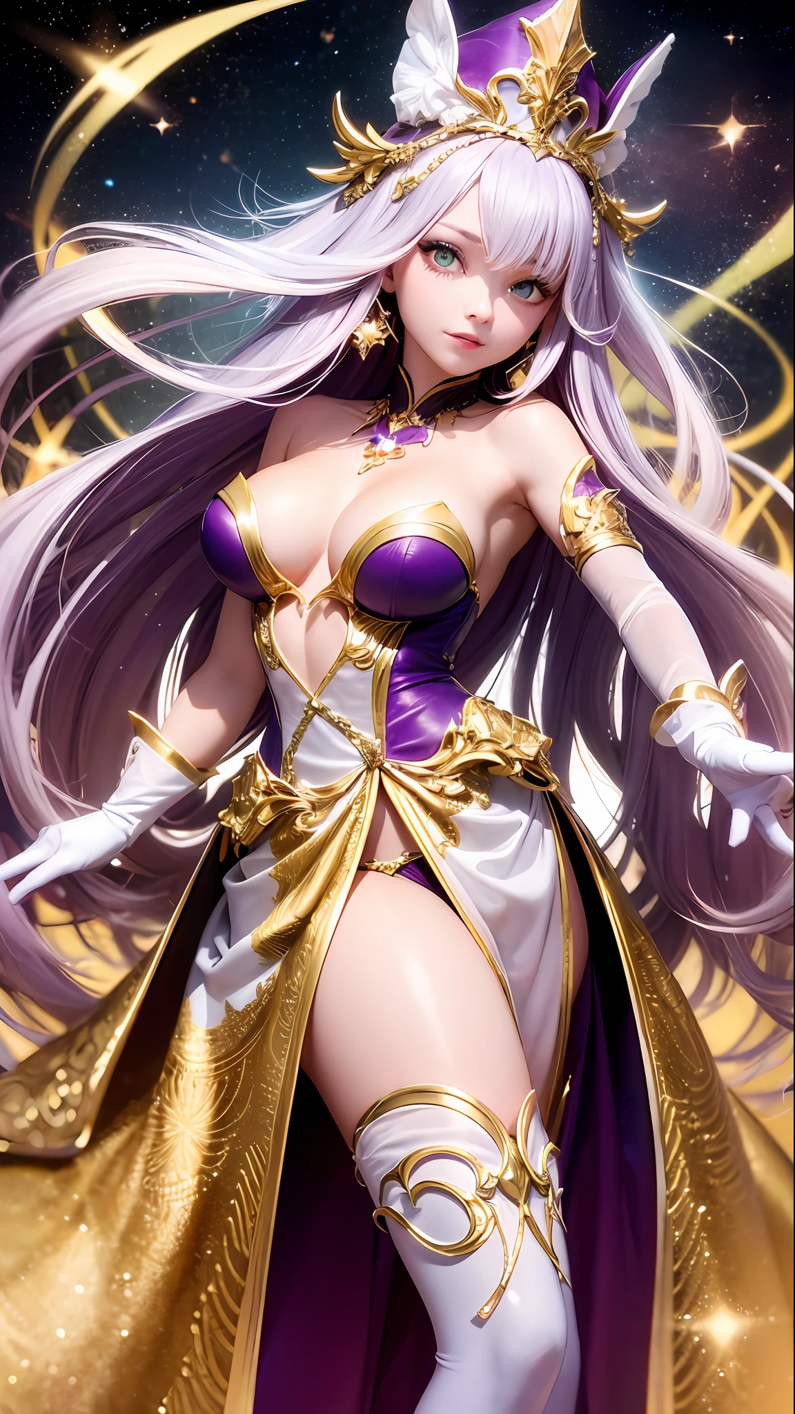 1girll, sorceress woman,red pupils,Gorgeous Hair in Long Purple,flowy,crisp breasts,Toned Thighs,Red tattoo on the thigh,Purple wizard hat,Golden decoration,Purple bandeau dress,Golden decoration,White long-sleeved gloves,White lace knee-length boots,Surrounded by purple tulle,He held a ruby encrusted wand in his hand,starrysky,kosmos,magicle world,Detailed background,Clothing details,perfectly proportioned, Cinematic lighting, filmgrain, Fuji colors, lightand shade contrast, 8K, 巨作, Textured skin, Super detail, high detal, high qulity, A high resolution,