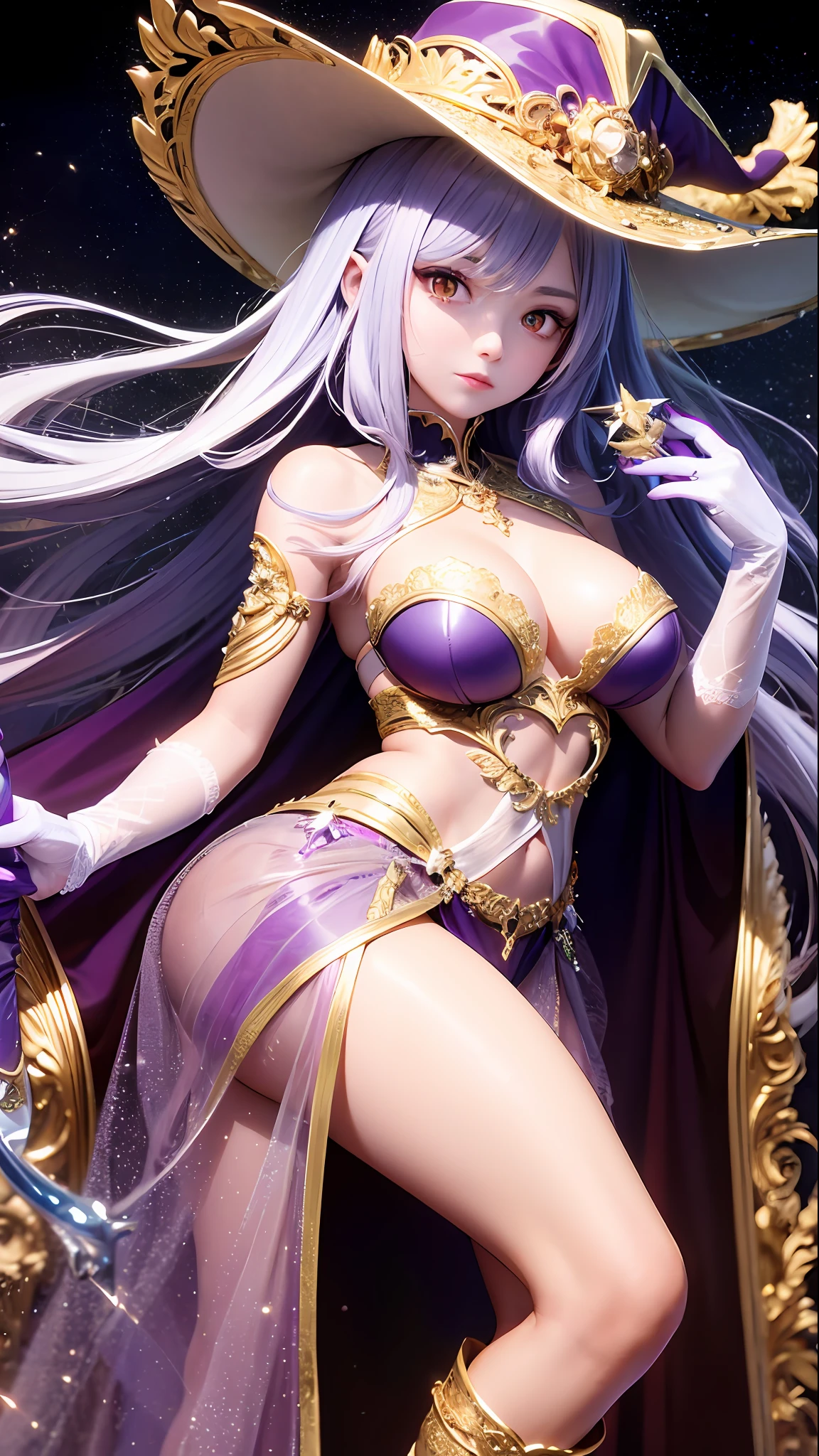 1girll, sorceress woman,red pupils,Gorgeous Hair in Long Purple,flowy,crisp breasts,Toned Thighs,Red tattoo on the thigh,Purple wizard hat,Golden decoration,Purple bandeau dress,Golden decoration,White long-sleeved gloves,White lace knee-length boots,Surrounded by purple tulle,He held a ruby encrusted wand in his hand,starrysky,kosmos,magicle world,Detailed background,Clothing details,perfectly proportioned, Cinematic lighting, filmgrain, Fuji colors, lightand shade contrast, 8K, 巨作, Textured skin, Super detail, high detal, high qulity, A high resolution,