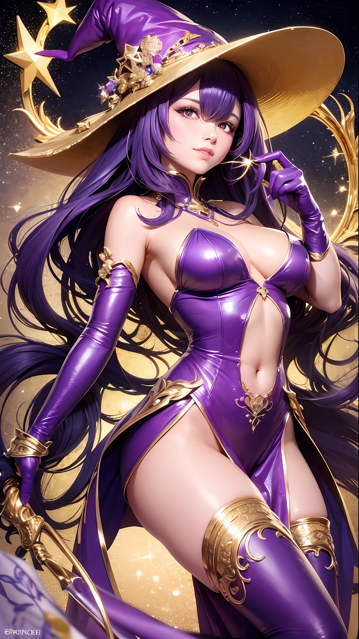 1girll, sorceress woman，red pupils，Gorgeous Hair in Long Purple，flowy，crisp breasts，Toned Thighs，Red tattoo on the thigh，Purple wizard hat，Golden decoration，Purple bandeau dress，Golden decoration，White long-sleeved gloves，White lace knee-length boots，Surrounded by purple tulle，He held a ruby encrusted wand in his hand，starrysky，kosmos，magicle world，Detailed background，Clothing details，perfectly proportioned, Cinematic lighting, filmgrain, Fuji colors, lightand shade contrast, 8K, 巨作, Textured skin, Super detail, high detal, high qulity, A high resolution,