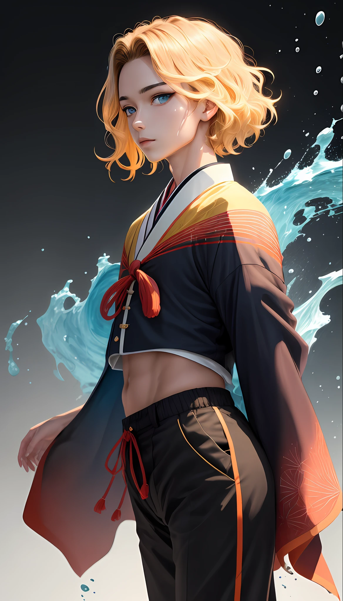 (masterpiece), (best quality), (extremely detailed),(Short hair to the nape), (illustration), (1boy), (wearing Kimetsu no Yaiba's Demon Slayer uniform and pants black) , (Dark orange haori from shoulder to thigh), standing, Fashion model, looking at the viewer, (interview), (simple background), beautiful detailed blue eyes, delicately beautiful face, floating, (high saturation), (colorful splashing), (shine), face focus, blonde, bangs, (shine), best lighting, best shadow