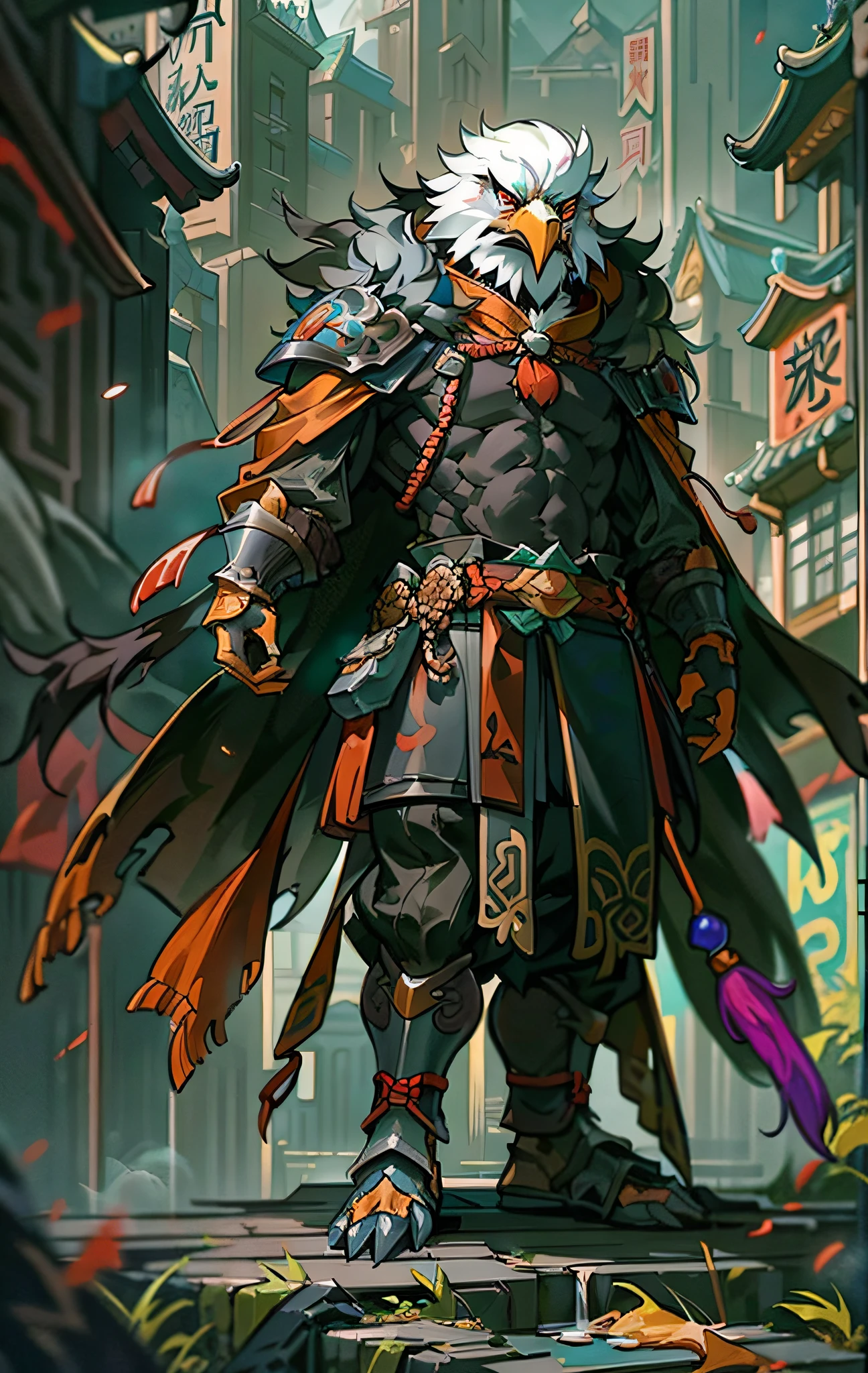 Eagle Assassin, Full body like，Eagle Assassin close-up in the city, Determined eyes，Fierce，Akira in Chinese mythology, an epic majestical degen trader, bian lian, by Yang J, Chinese Warrior, Anthropomorphic Assassin Eagle, Son Goku, cgsociety and fenghua zhong, inspired by Li Kan, Epic Assassin Warrior, Eagle Assassin, Black tattered cloak，Armour，Full body standing painting，Fantasy setting, character concept, character art, Character portrait, Cartoon, Best quality, Best resolution, 4K, Vivid colors, Vivid, High detail, best detail, confident pose, extrovert, look from down,