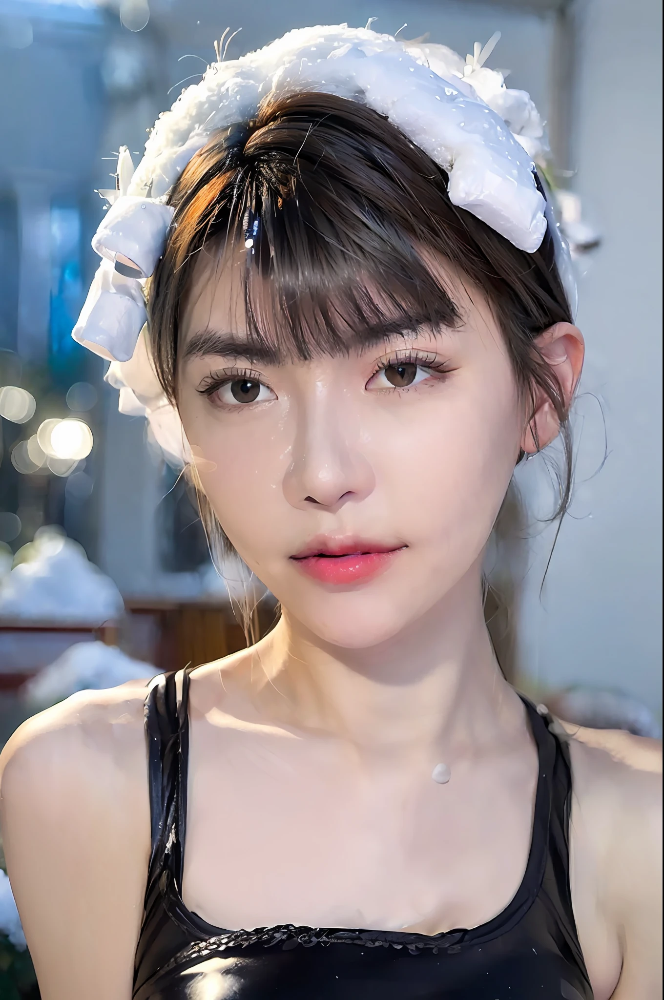 masterpiece、top-quality、超A high resolution、High detailed portrait、(photographrealistic:1.5)、(((1girl in)))((1girl in、White fair skin、close up of face、age19、spotless、cute little、pretty black hair、bobhair_cut、shorth hair、Big breasts))(Simple white one-piece swimsuit、Dripping wet body)(portrait of japanese famous actress)、(Happiness、Joy、jolly、closes mouth)、(Hold your breasts between your arms and pull your breasts closer)、High detailed eyes、((Really snow-white background、Nothing background))、((long neck、bangss、bangss、Clean face、Gaze staring at the camera、Lashes、big eye、Distinct double eyelids、glowy skin、Clean skin quality、lipgloss))、Raised