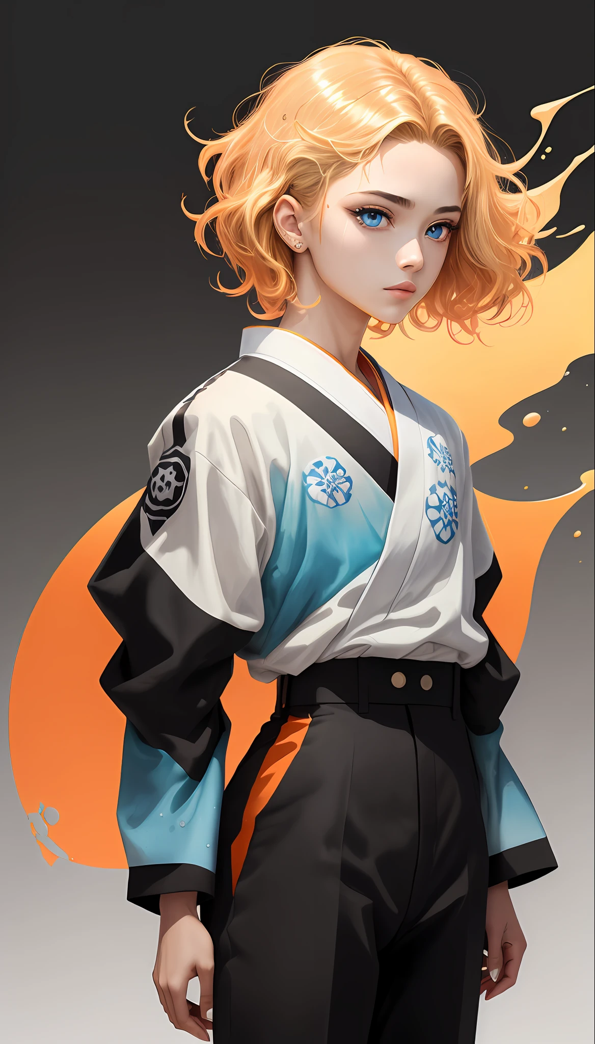 (masterpiece), (best quality), (extremely detailed),(Short hair to the nape), (illustration), (1boy), (wearing Kimetsu no Yaiba's Demon Slayer uniform and pants black) , (Dark orange haori from shoulder to thigh), standing, Fashion model, looking at the viewer, (interview), (simple background), beautiful detailed blue eyes, delicately beautiful face, floating, (high saturation), (colorful splashing), (shine), face focus, blonde, bangs, (shine), best lighting, best shadow