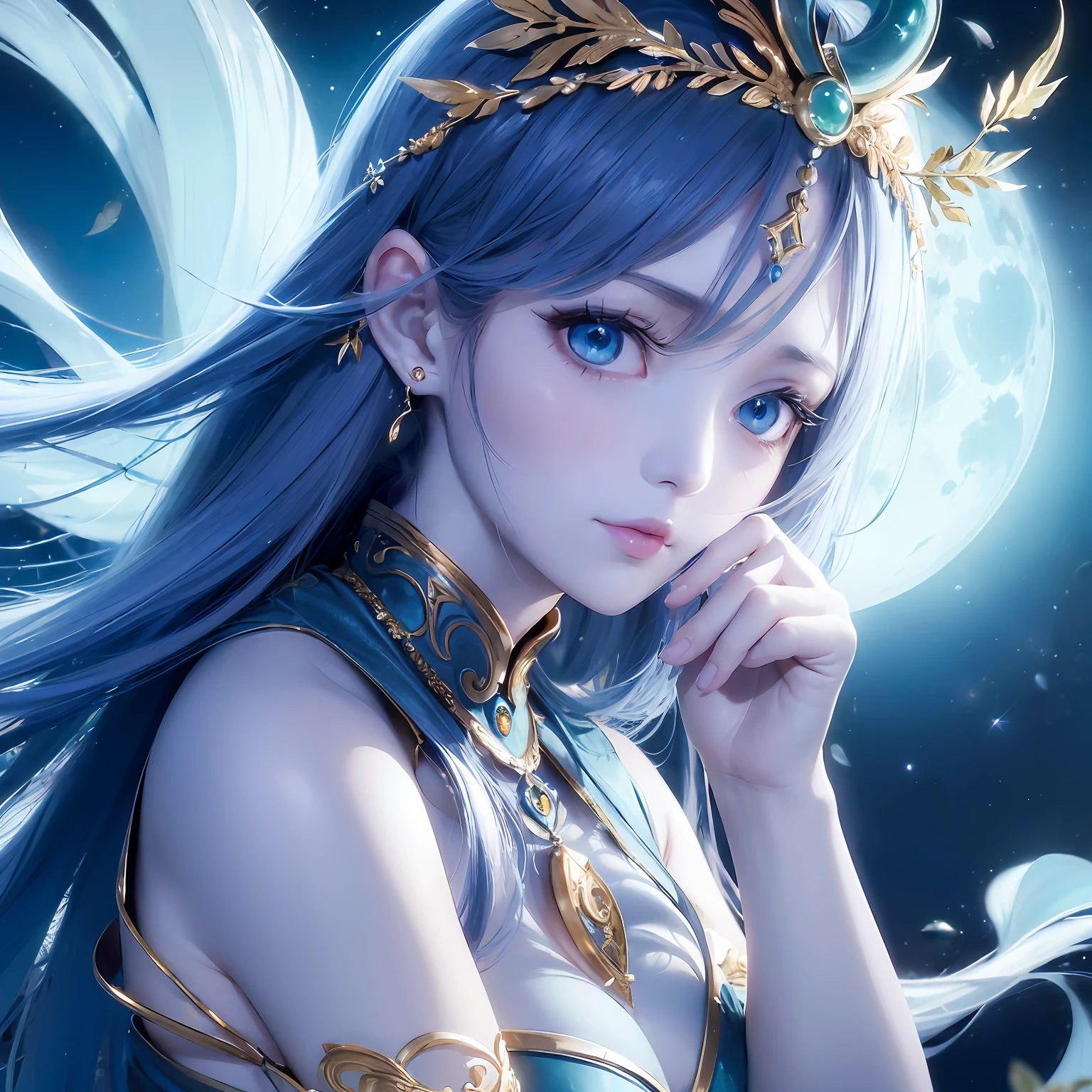 (((Fine))),High Picture Quality,Goddess of moonlight,Sadness and beauty,Close-up view,ancient wind,(1girl),(dance),(Close-up),(Charming),(the ancients),(blue color eyes),(Tingting jade hand),(Dance),(detail-rich),(The night is dark) --auto