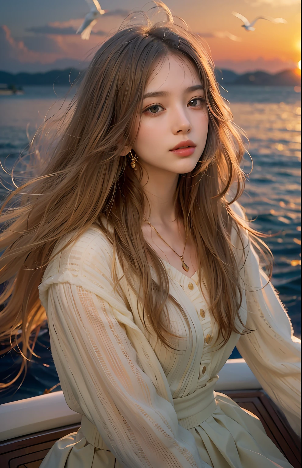 (masterpiece, best quality, digital art:1.2), enchanting young woman with long flowing hair, (captivating and dreamlike aura:1.1), (soft and golden sunlight illuminating her features:1.2), (gentle sea breeze playing with her hair:1.2), (stylish Sailor outfit with a short skirt:1.1), (elegant yacht floating on the calm ocean:1.2), (stunning hues of the sunset reflecting on the water:1.1), (seagulls gliding through the evening sky:1.2), a moment of serenity and imagination, magical atmosphere, artistic composition.