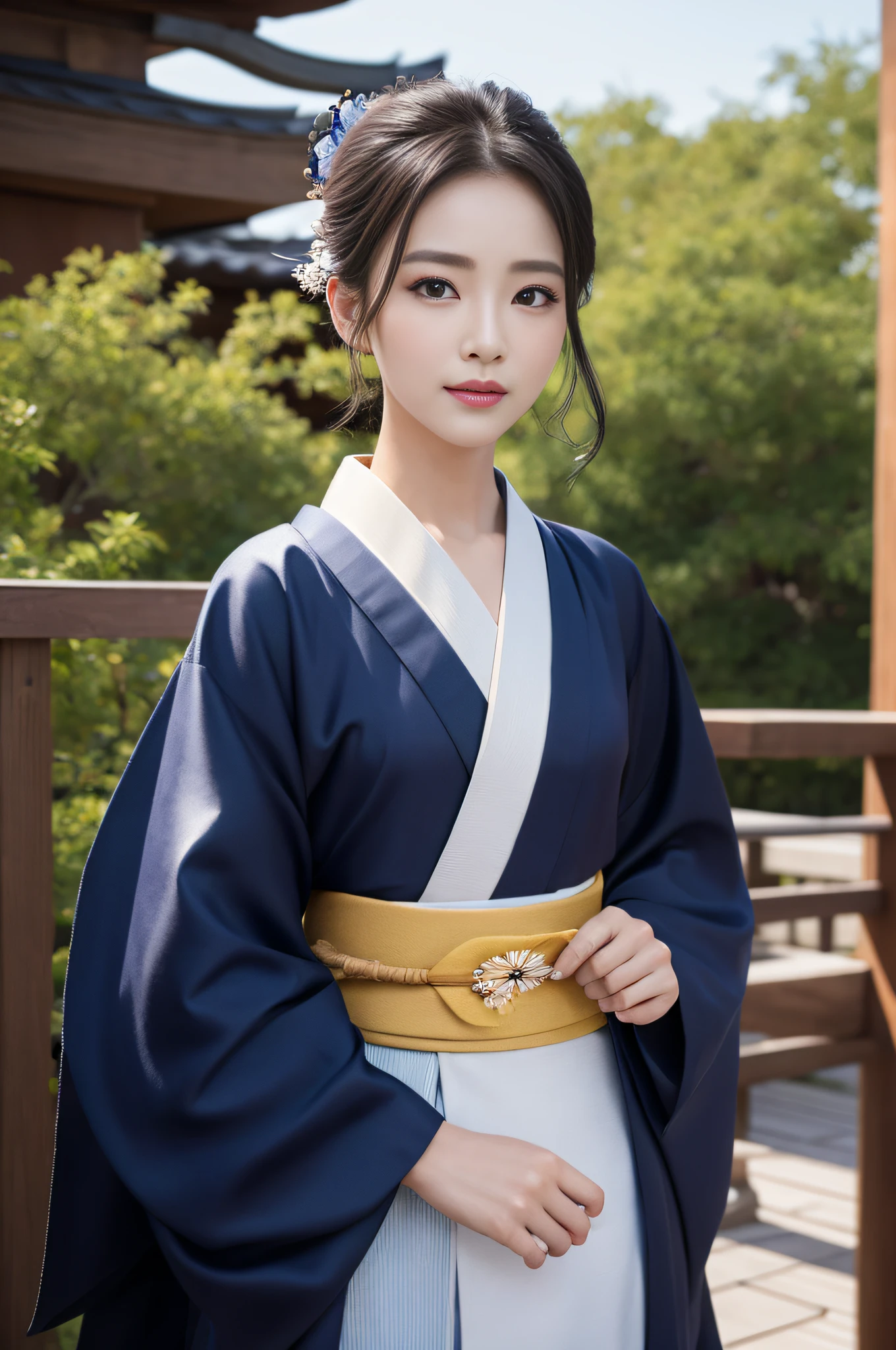 ((top-quality、8k masterpieces:1.3))、foco nítido:1.2、(ultra beautiful faces:1.0)、(Slender Abs Beauty:1.0)、(shinny skin:1.0)、photos realistic、A dark-haired、Video Lighting、High-definition eyes and face、Video Lighting、(cowboy  shot:1.3)、(Kimono、Hakama、Obi:1.4)、(Korean Cute Actress)、Traditional kimono、from the front side、medium large breasts、A slight smile