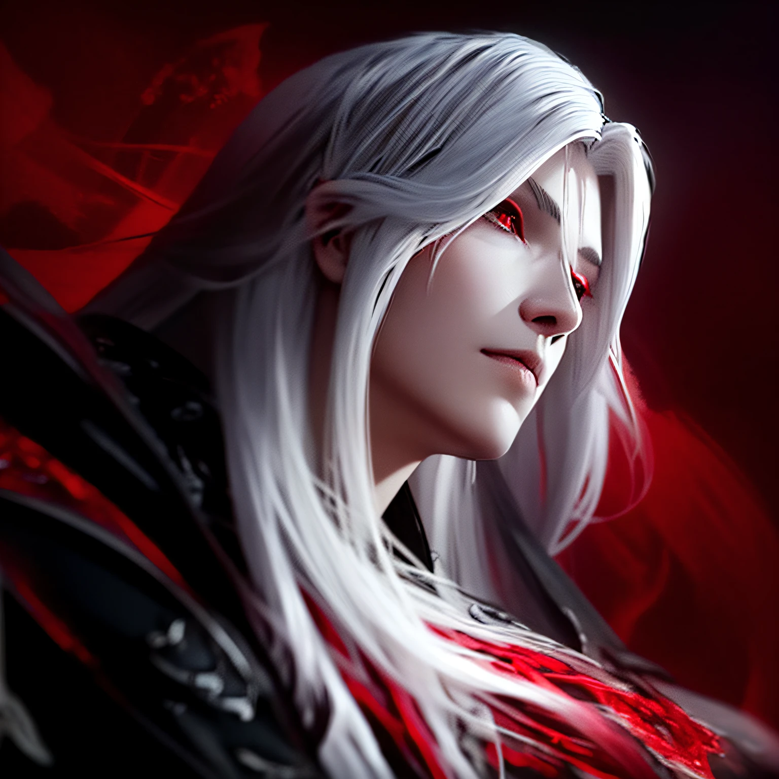 A close-up of a woman with long white hair and red background,shadowbringers cinematic,Sephiroth,son of sparda,Sephiros in Final Fantasy,Alukad,Tifa Lockhart with white hair,aion,From Bloodline 2,John Libert's remix with Alukard,thancred waters,sakimi,final fantasy character。