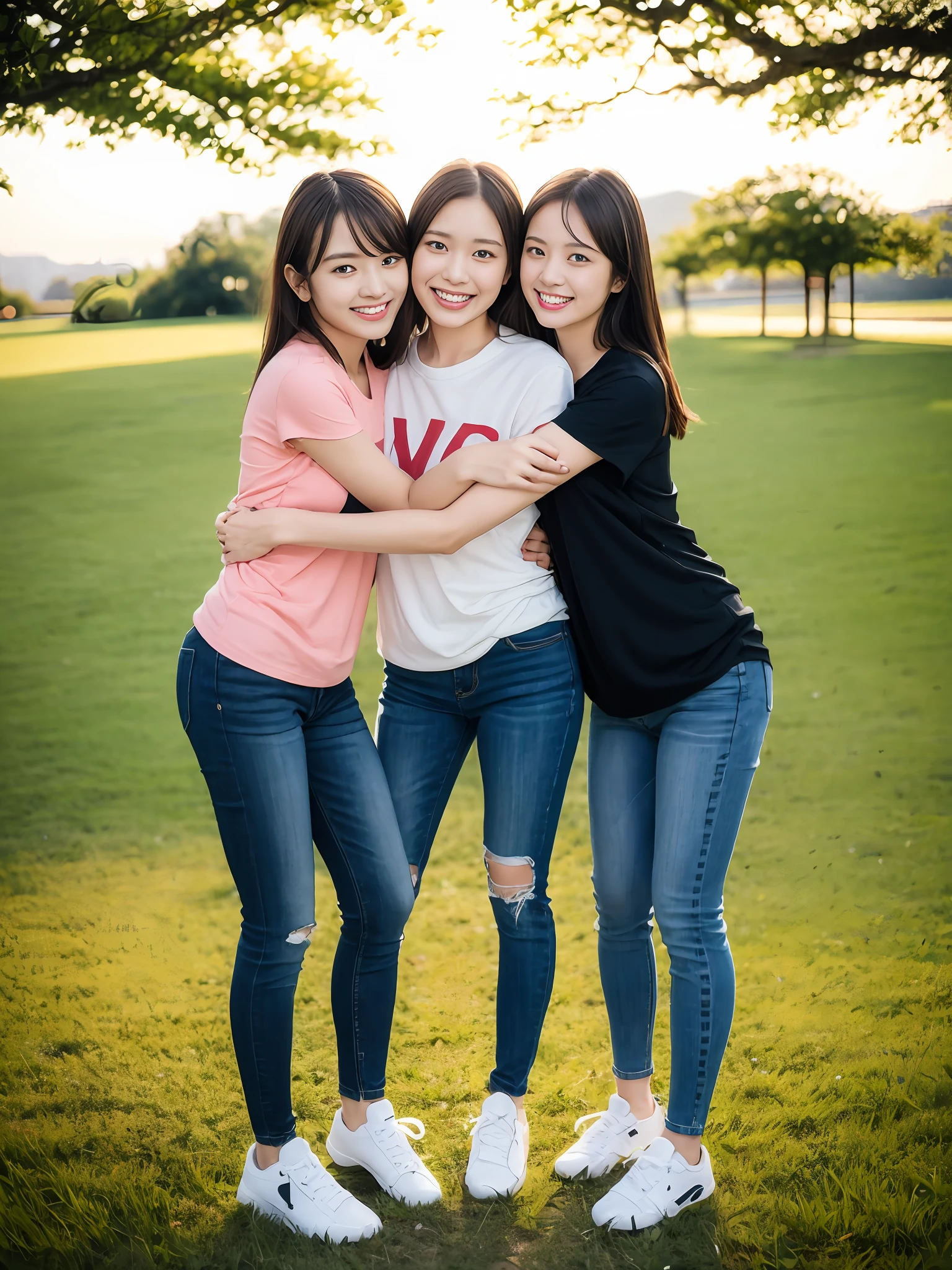 (超高分辨率,RAW photogr,realisticlying,tmasterpiece,best qualtiy:1.4),Complicated details,2 20 year old Korean girl,Wear a loose black T-shirt and skinny jeans,Stand on the grass and take pictures,hugs,Intimate relationships,Detailed meadow,A sweet smile on a small face,Ultra-realistic facial details,The face and skin are pink and white, and luminous,Playful and coquettish pose,The calves are straight and slender:1.2,Wear high-end brand sneakers:1.0,eventide:0.3,Broad lighting,naturalshadow:1.0,超高分辨率,taking a full body photo:1.8 --auto