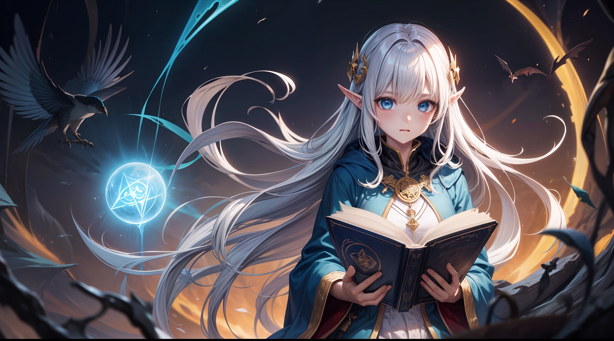 Magic Book,Blood,Night, Dark, (Fantasy),infinite,deep blue sky,The abyss of knowledge,Cowledge,((masutepiece)), (((Best Quality))),((Beautiful fine eyes)),(Eye lashes)、beautiful Girl、Dragon protecting a girl、(1人)、Golden hair、The long-haired、abyss eyes、glowy skin、oils、small tits、(Bird body、pluma)、Wizard robes、tattered cloth、Tee、elvish、Super delicate CG Unity 32k wallpaper、masterpiece, ((ultra-detailliert)), ((illustratio)),colourfull,wall-paper,The energy,Unknown terror,Incomprehensible,Around the magic,Magical surroundings,magic wands,Boken,Flying pages,Know everything,Predict the future、Get to know the past、Infinite wisdom、blue flames、Warlock、magic circles、Pentagram、Spells、mantra、Singing magic
