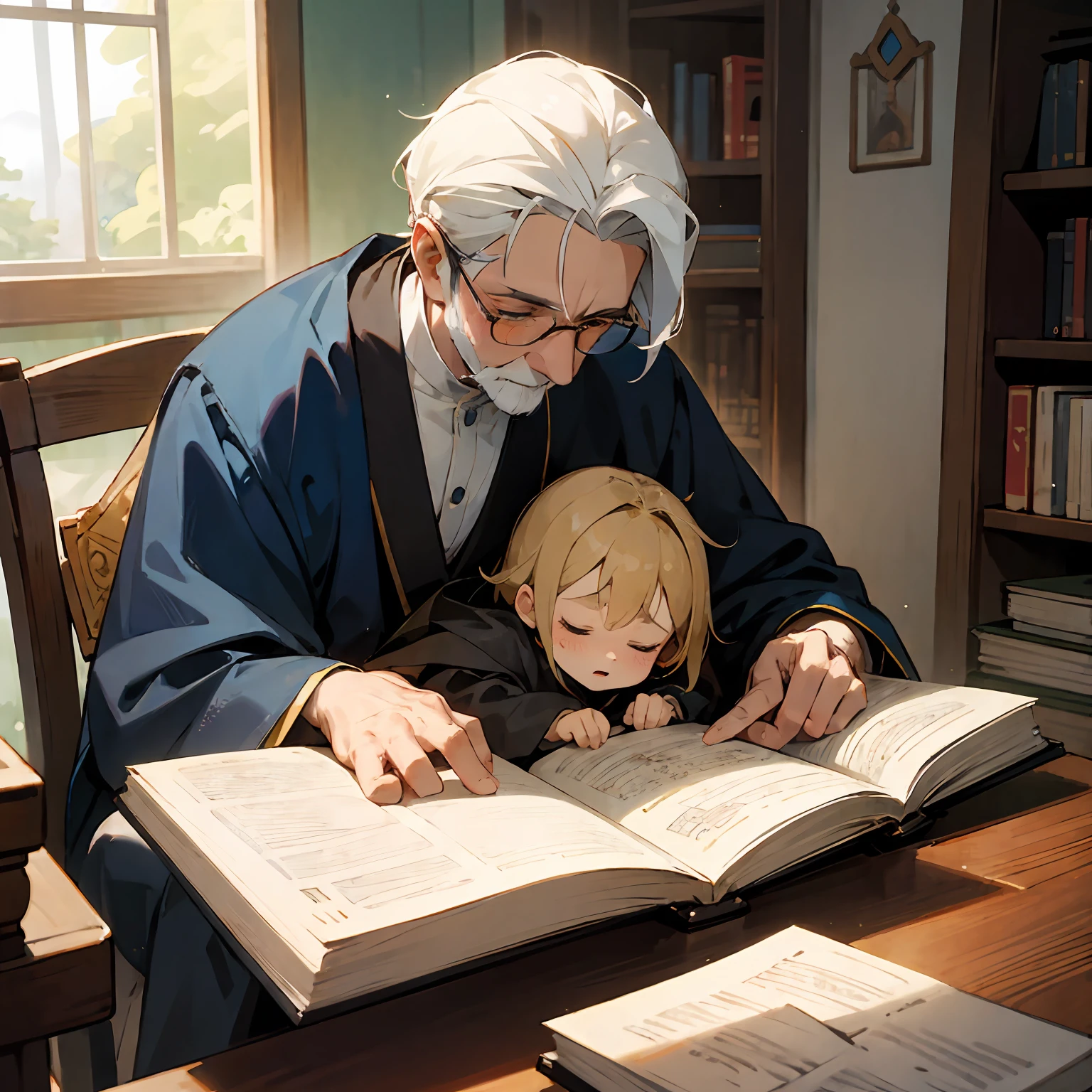 "Describe an emotional scene in which a child is sitting next to his dear grandfather, ambos em uma sala aconchegante. The little child holds an old, worn-out Bible, while his grandfather, com um sorriso gentil no rosto, envolve carinhosamente seu ombro. A luz suave da tarde entra pela janela, Lighting up the pages as the child reads aloud an inspiring passage from this sacred scripture. Describe the expressions on the child's and grandfather's face, capturing the deep emotional connection between them and the importance of that moment of sharing and spiritual learning.” --auto