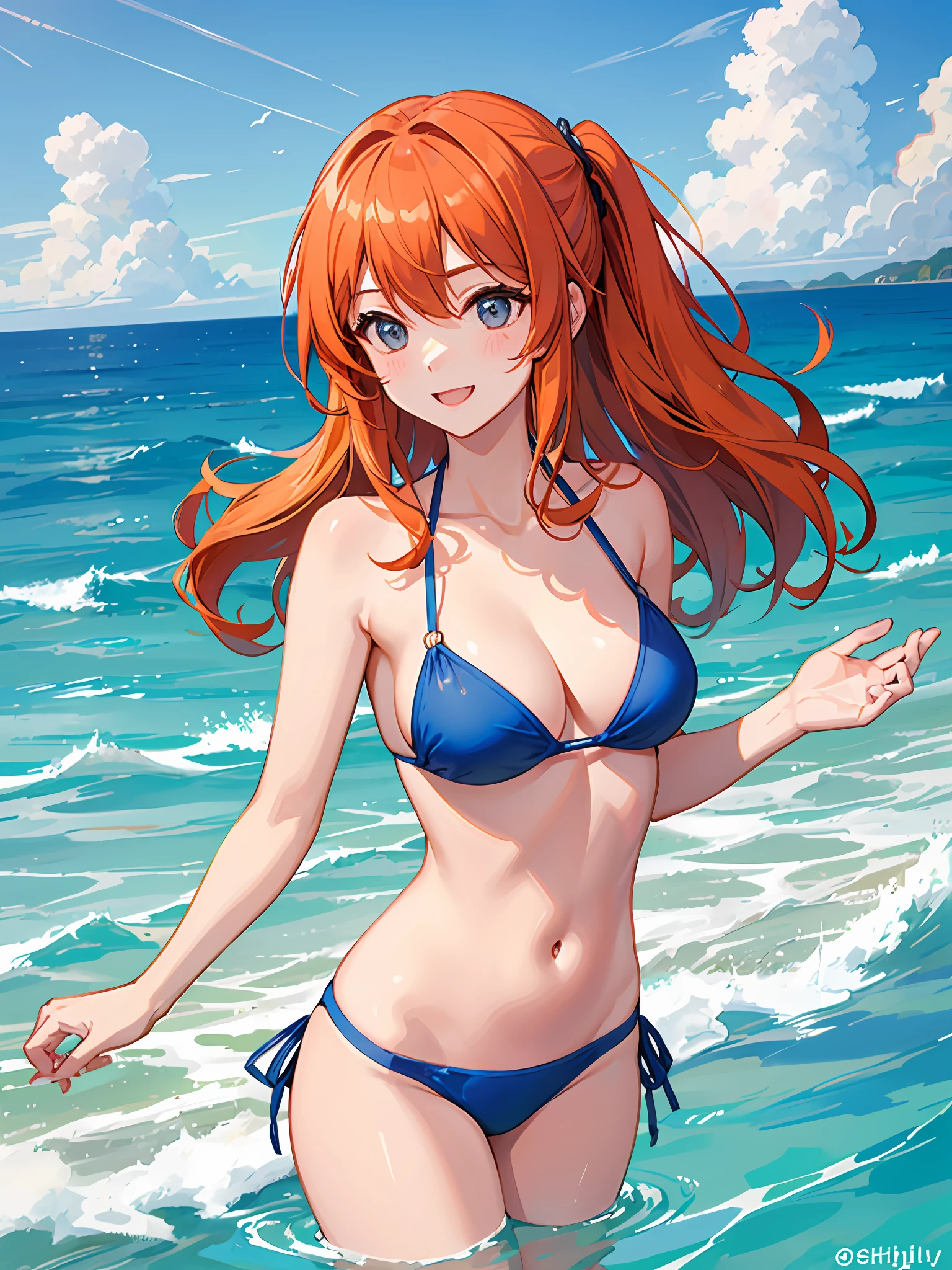 girl with、sea side、Frolic、Bikini with blue、Orange hair、side poneyTail、a smile、A delightful、​masterpiece、top-quality、The ultra -The high-definition、Top resolution、ighly detailed、Contre-Jour、Getting into the sea、