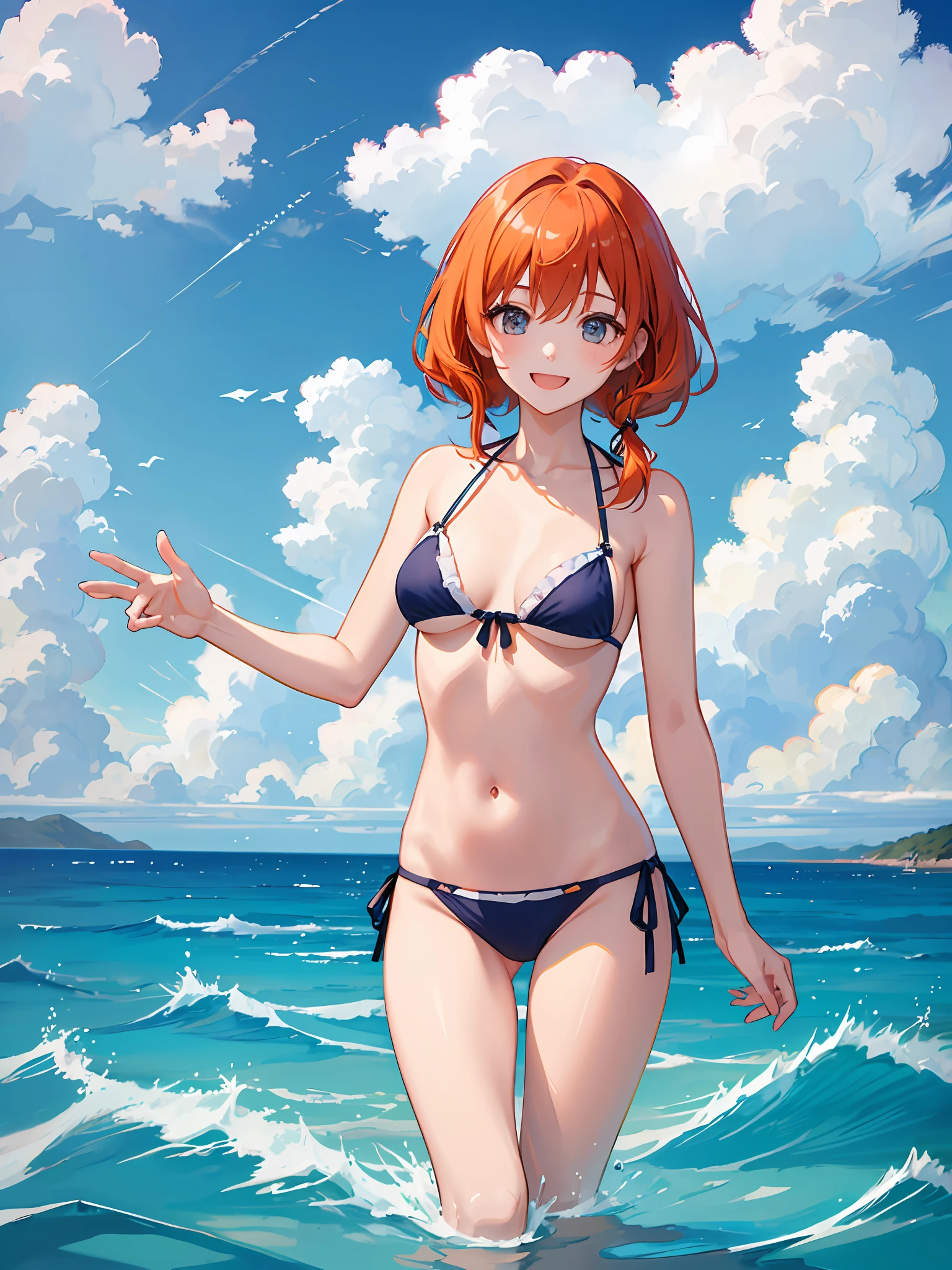 girl with、sea side、Frolic、Bikini with blue、Orange hair、side poneyTail、a smile、A delightful、masterpiece、top-quality、The ultra -The high-definition、Top resolution、ighly detailed、Contre-Jour、Getting into the sea、