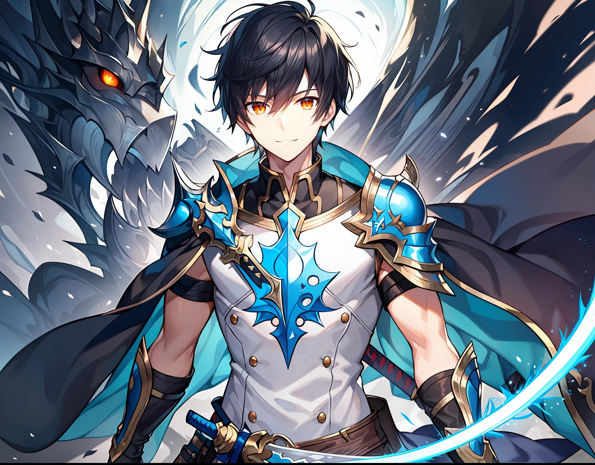 1 man, young man, orange eyes, short hair, black hair, white skin, slender body, soft smile, sincere smile, kind look. Black suit, armor partsAccesories, 1 sword, shining sword, silver sword, 1 shield, blue shield,rpg sprite, rpg sprite mid body, rpg expression sheet