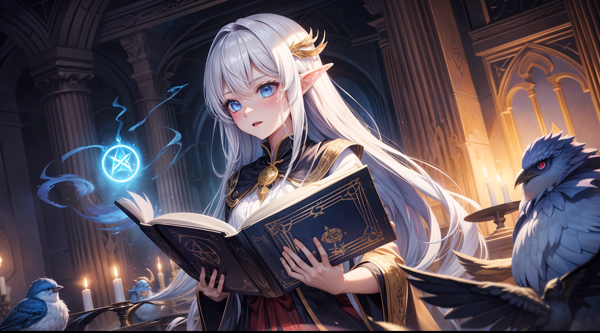 Magic Book,Blood,Night, Dark, (Fantasy),infinite,deep blue sky,The abyss of knowledge,Cowledge,((masutepiece)), (((Best Quality))),((Beautiful fine eyes)),(Eye lashes)、beautiful Girl、Dragon protecting a girl、(1人)、Golden hair、The long-haired、abyss eyes、glowy skin、oils、small tits、(Bird body、pluma)、Wizard robes、tattered cloth、Tee、elvish、Super delicate CG Unity 32k wallpaper、masterpiece, ((ultra-detailliert)), ((illustratio)),colourfull,wall-paper,The energy,Unknown terror,Incomprehensible,Around the magic,Magical surroundings,magic wands,Boken,Flying pages,Know everything,Predict the future、Get to know the past、Infinite wisdom、blue flames、Warlock、magic circles、Pentagram、Spells、mantra、Singing magic