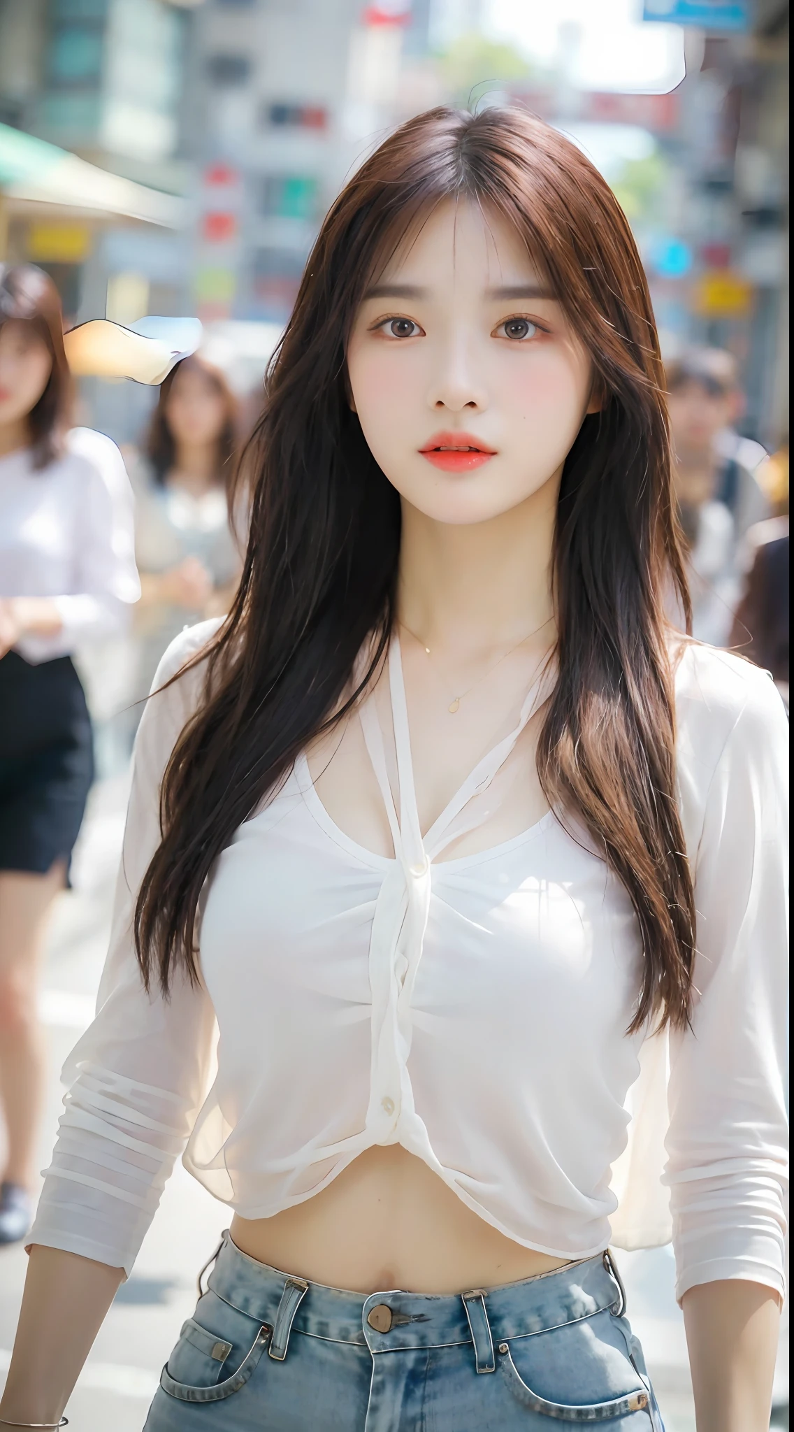 （best qualtiy，A high resolution，tmasterpiece：1.3），Young and beautiful woman，largeeyes，Bright red little mouth，Brown hair wavy style，Tall breasts，Delicate pendant，Sheer white shirt，Slim pants can be colored，（Walking street background），Beautifully rendered details in face and skin textures，Detailed eyes，二重まぶた，big breasts beautiful