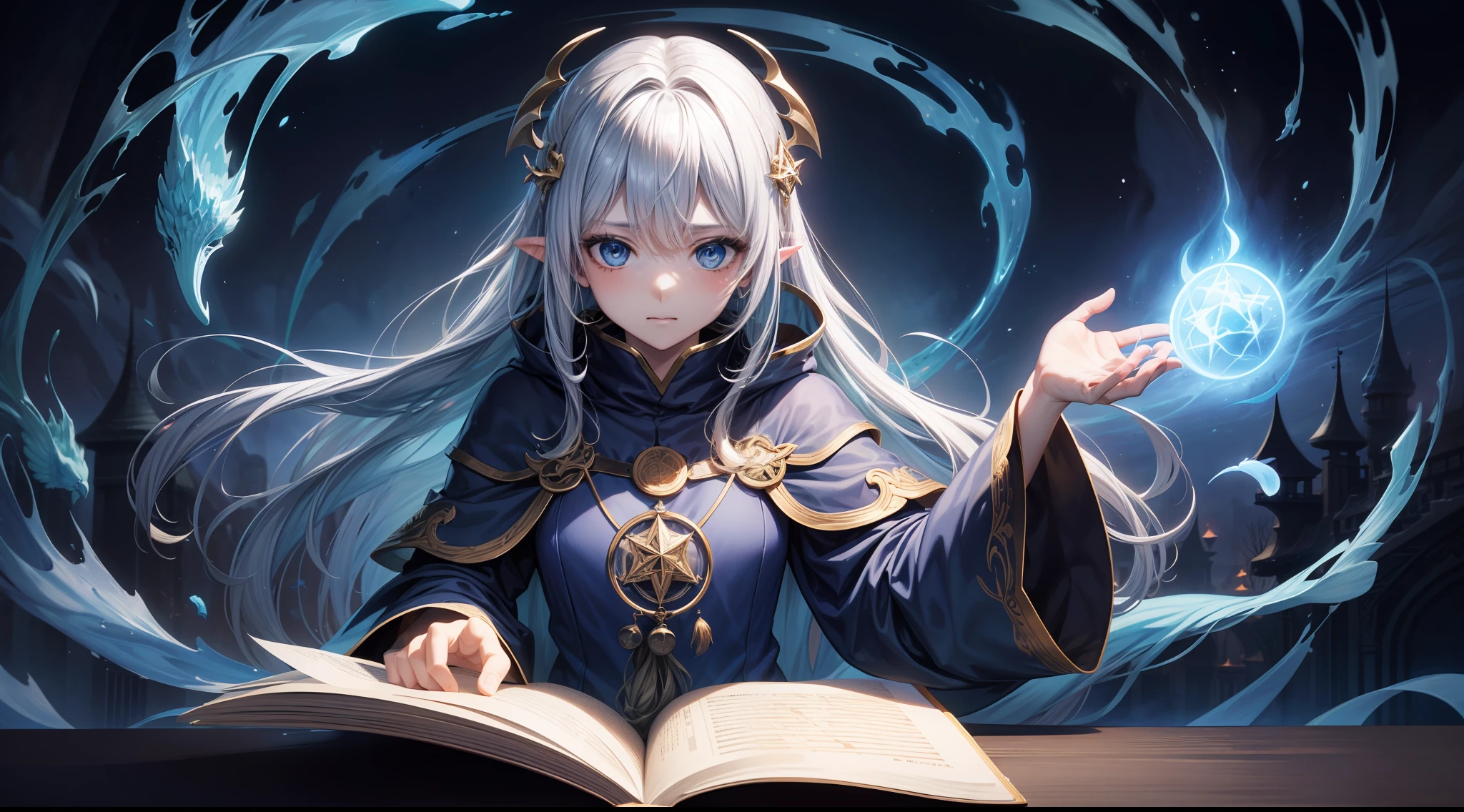 Magic Book,Blood,Night, Dark, (Fantasy),infinite,deep blue sky,The abyss of knowledge,Cowledge,((masutepiece)), (((Best Quality))),((Beautiful fine eyes)),(Eye lashes)、beautiful Girl、Dragon protecting a girl、(1人)、Golden hair、The long-haired、abyss eyes、glowy skin、oils、small tits、(Bird body、pluma)、Wizard robes、tattered cloth、Tee、elvish、Super delicate CG Unity 32k wallpaper、masterpiece, ((ultra-detailliert)), ((illustratio)),colourfull,wall-paper,The energy,Unknown terror,Incomprehensible,Around the magic,Magical surroundings,magic wands,Boken,Flying pages,Know everything,Predict the future、Get to know the past、Infinite wisdom、blue flames、Warlock、magic circles、Pentagram、Spells、mantra、Singing magic