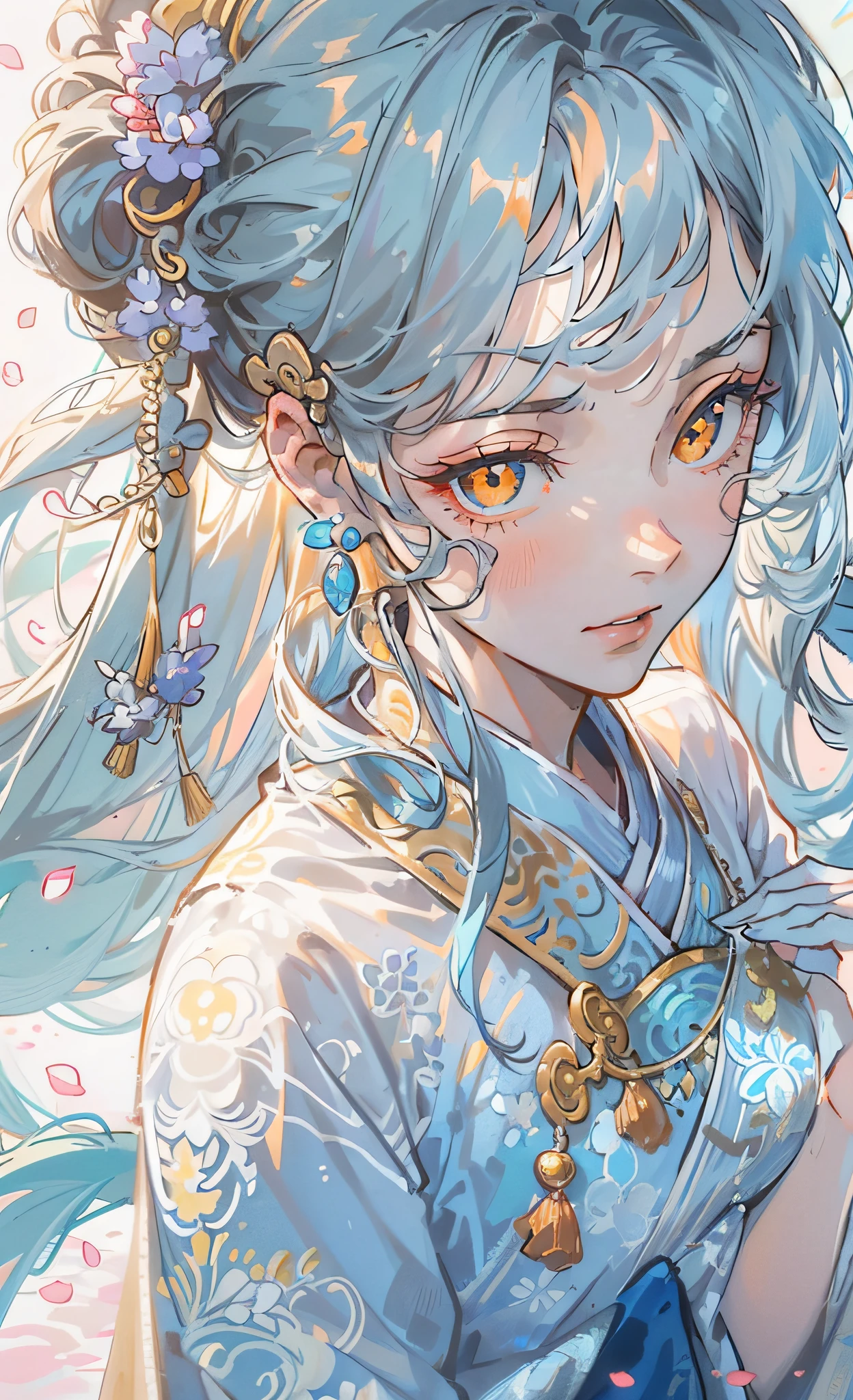 Mature girl, orange pupils, blue-white hair color, floating hair, delicate and flexible eyes, intricate damask Hanfu, gorgeous accessories, wearing pearl earrings, fov, f/1.8, masterpiece, ancient Chinese architecture, blue sky, flower petals flying, front portrait shot, Chang'e, side light, sunlight shining on people, 8K