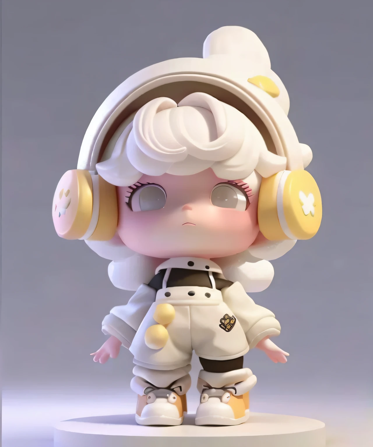 Close-up of toy with white costume and headphones, cute 3 d render, render of a cute 3d anime girl, high quality character design, 3 D character art, cute character, Cute cartoon character, 3 d render stylized, Cute! C4D, vinyl toy figurine, 3 D rendering character art 8 K, Stylized anime, lovely digital painting