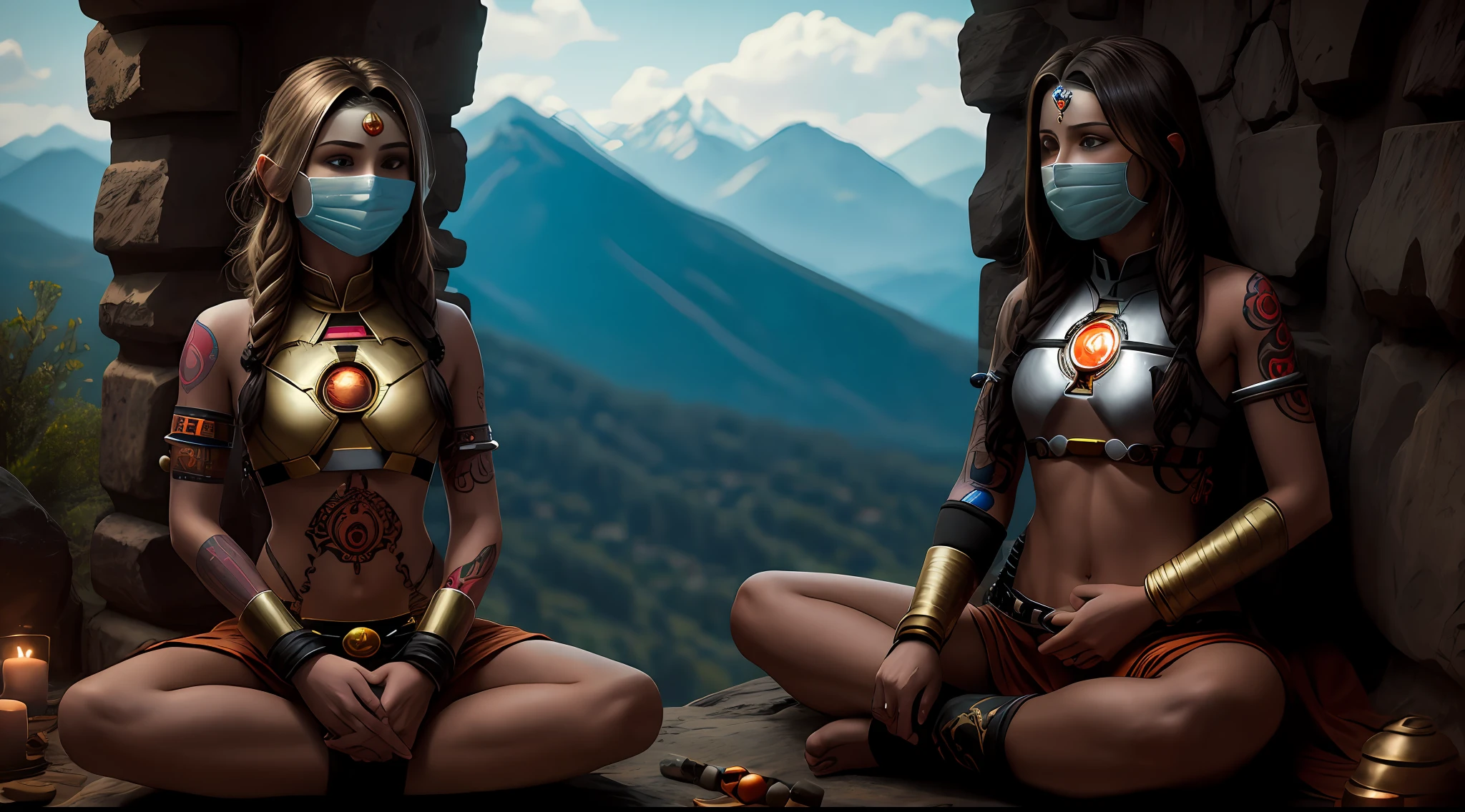 Young tantric priestess with percings tattoos and an ironman mask on her body meditating on a mountain --auto
